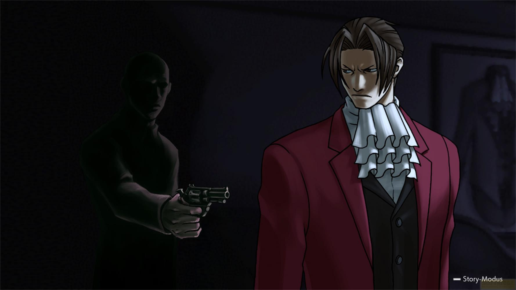 Un homme en rouge pointe une arme sur un autre homme dans le noir.