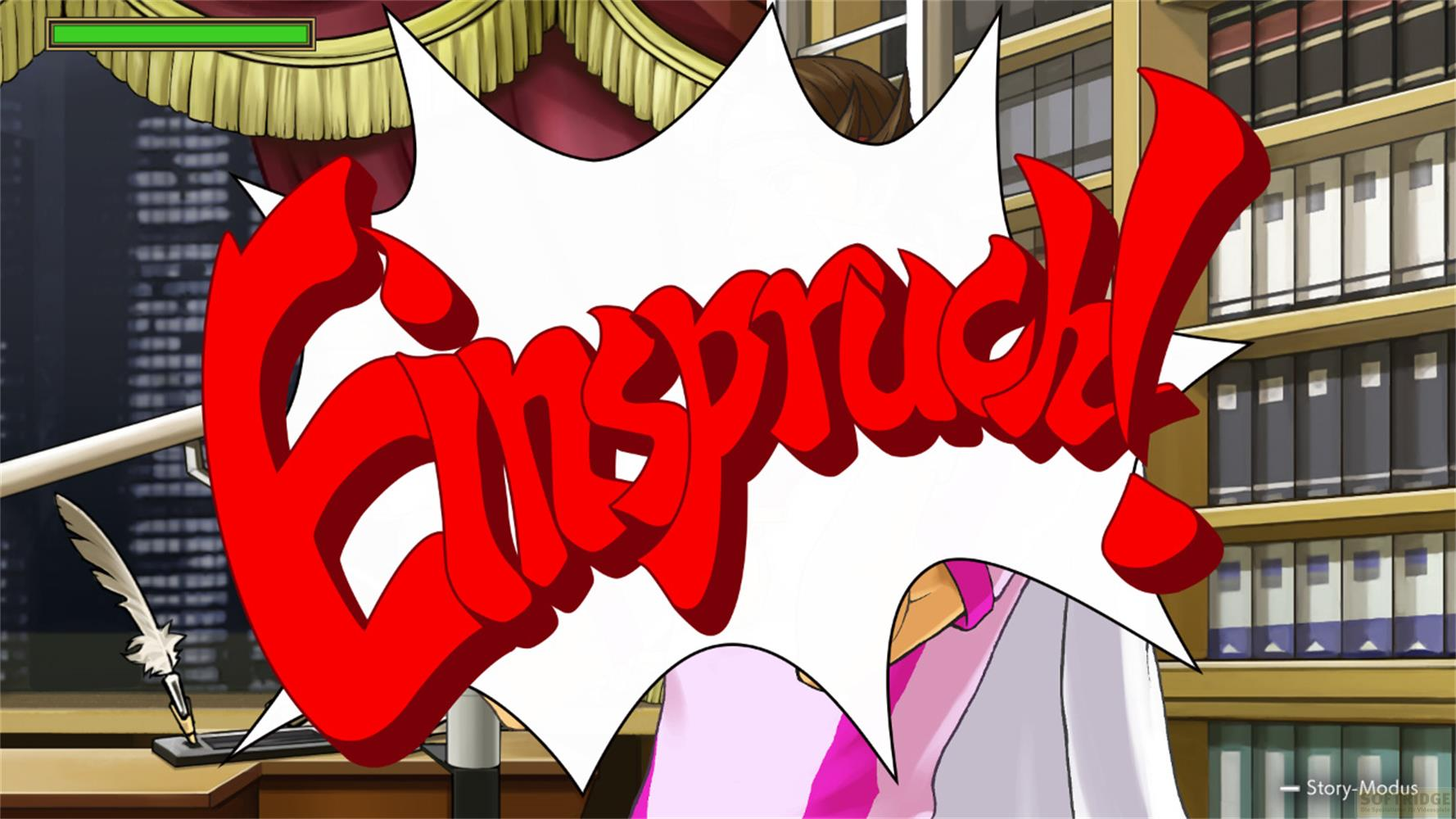 Une bulle de texte rouge "Einsspruch!" devant des étagères et une salle d'audience.