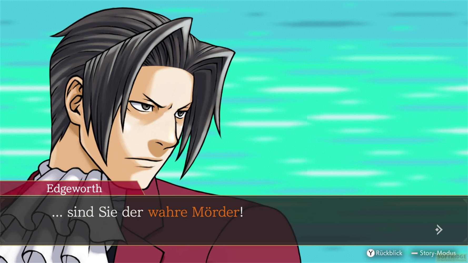 Edgeworth porte un costume rouge et parle. Le fond est bleu-vert.