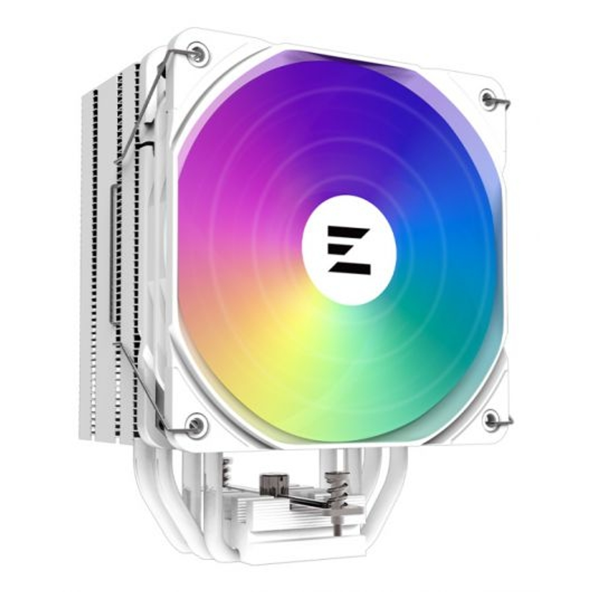 Un dissipatore per CPU bianco con ventola arcobaleno.