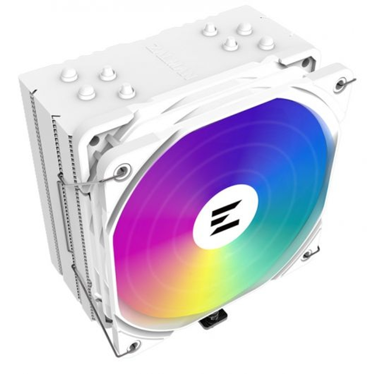 Dissipatore CPU bianco con ventola che mostra un gradiente arcobaleno e logo nero.