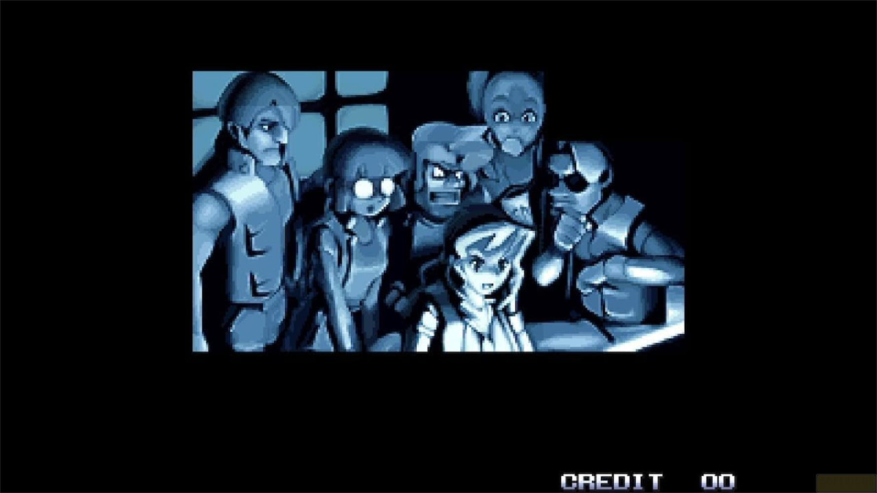 Grupa postaci z anime patrzy w dół, z napisem "CREDIT 00" w prawym dolnym rogu.