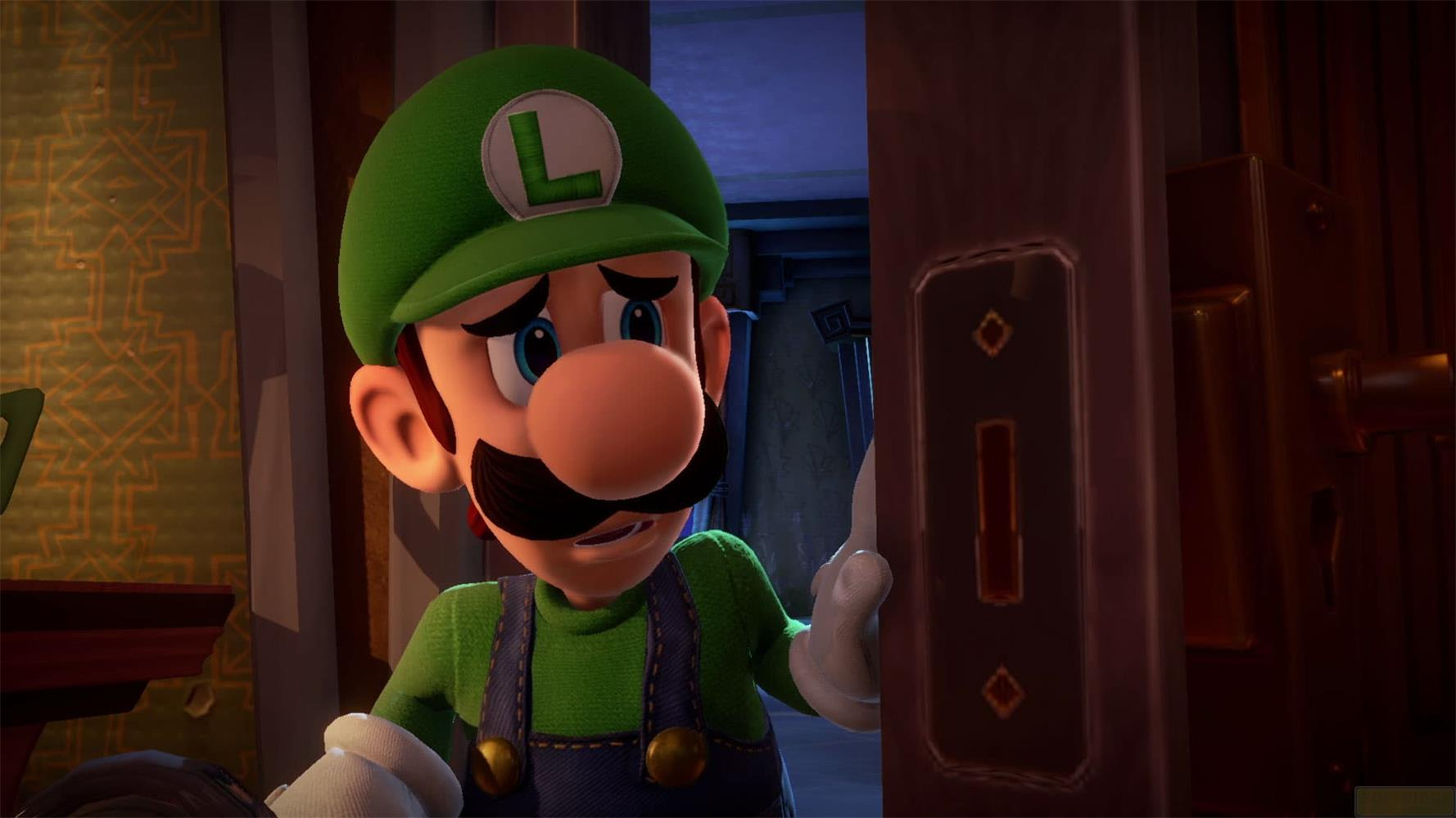 Luigi in Latzhose und grüner Mütze blickt besorgt auf eine Tür.