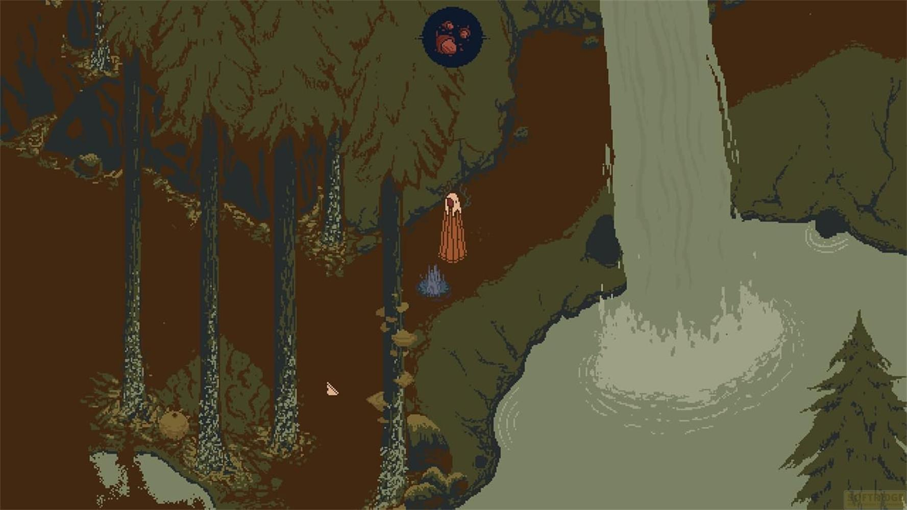 Une silhouette en robe orange se tient dans une forêt sombre près d'une cascade.