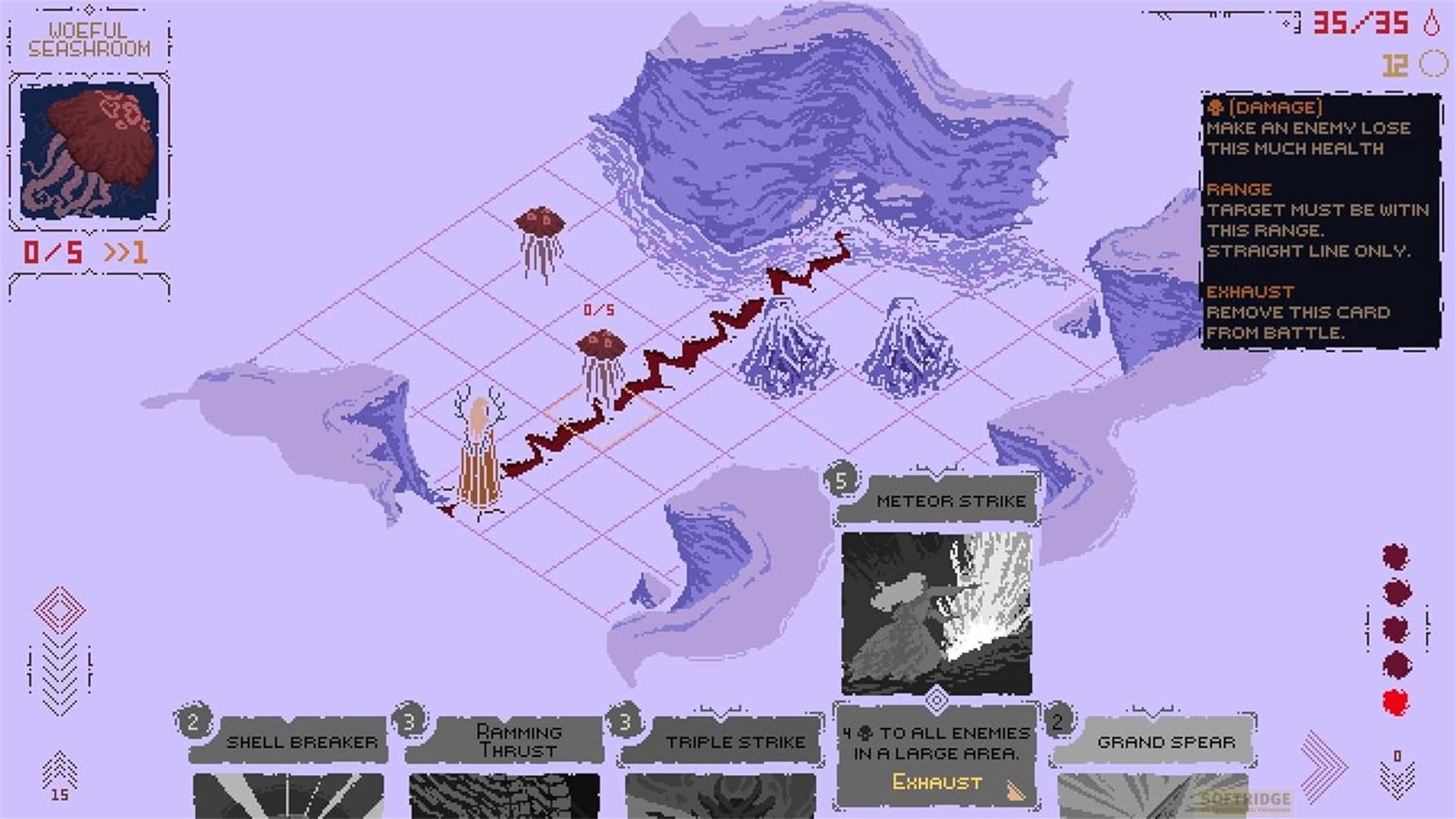 Un jeu de stratégie avec des éléments violets et rouges sur une grille.