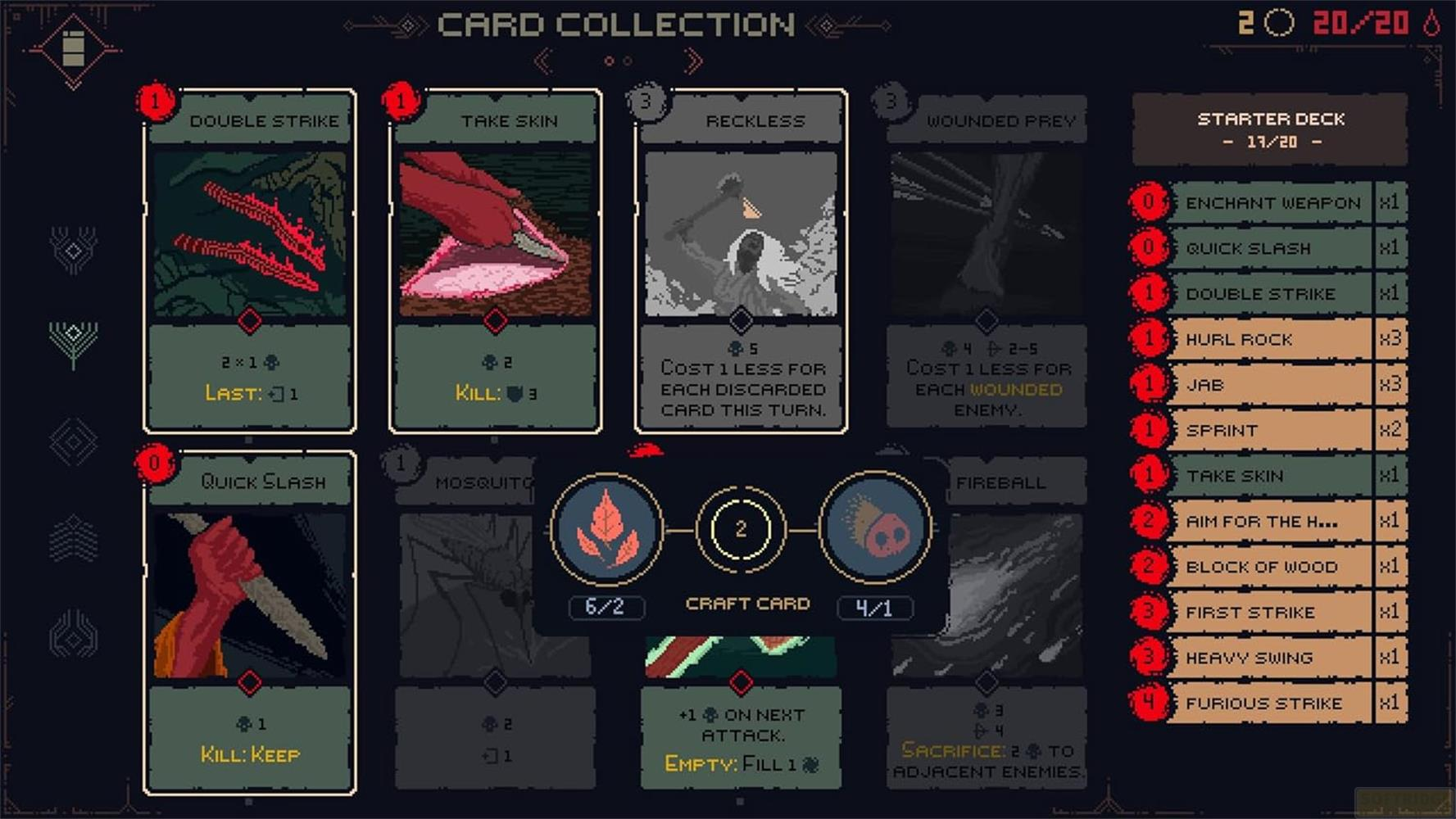 Art pixelisé d'une interface de jeu de cartes avec diverses cartes et une barre latérale.