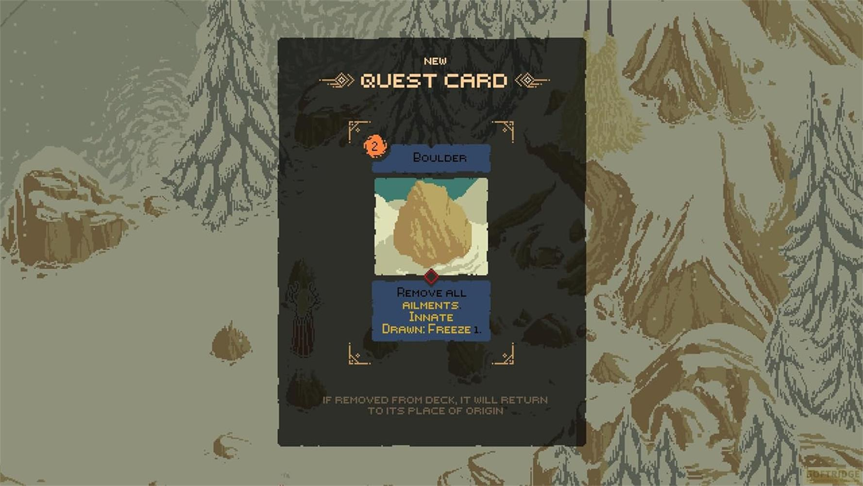 Une carte de quête affiche un rocher qui supprime les maux et gèle.