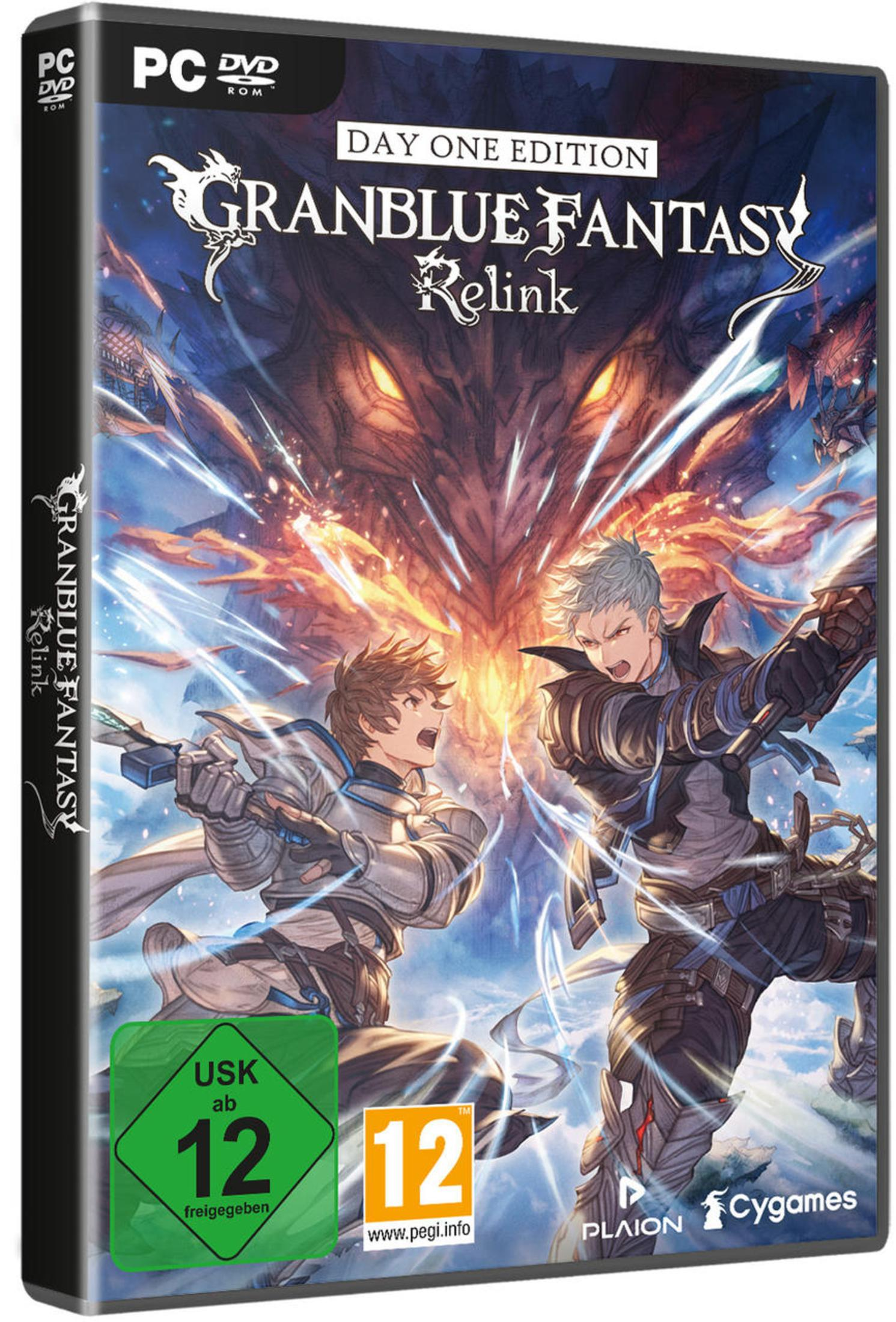 Scatola del gioco PC Granblue Fantasy Relink con due guerrieri e un drago sullo sfondo.
