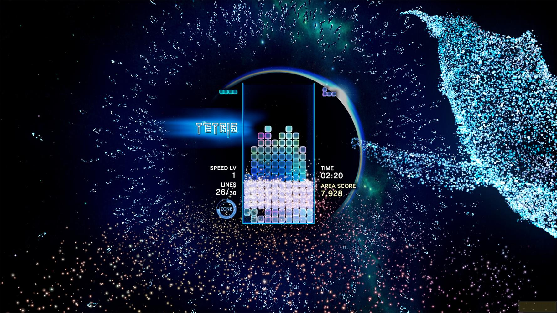 Tetris-Spiel mit fallenden Blöcken im Weltraum, Spielstand und Zeit werden angezeigt.
