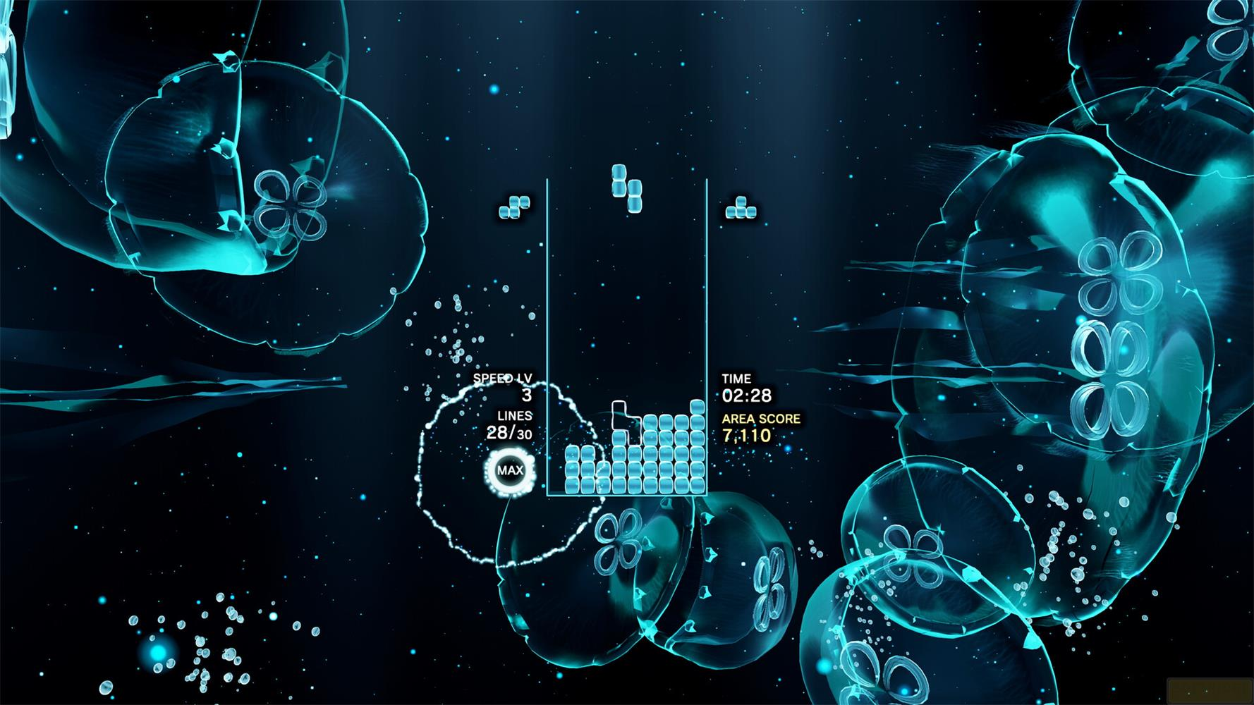 Ein Tetris-Spiel mit Quallen-Thema. Blöcke fallen in eine Spalte, um Linien zu vervollständigen.