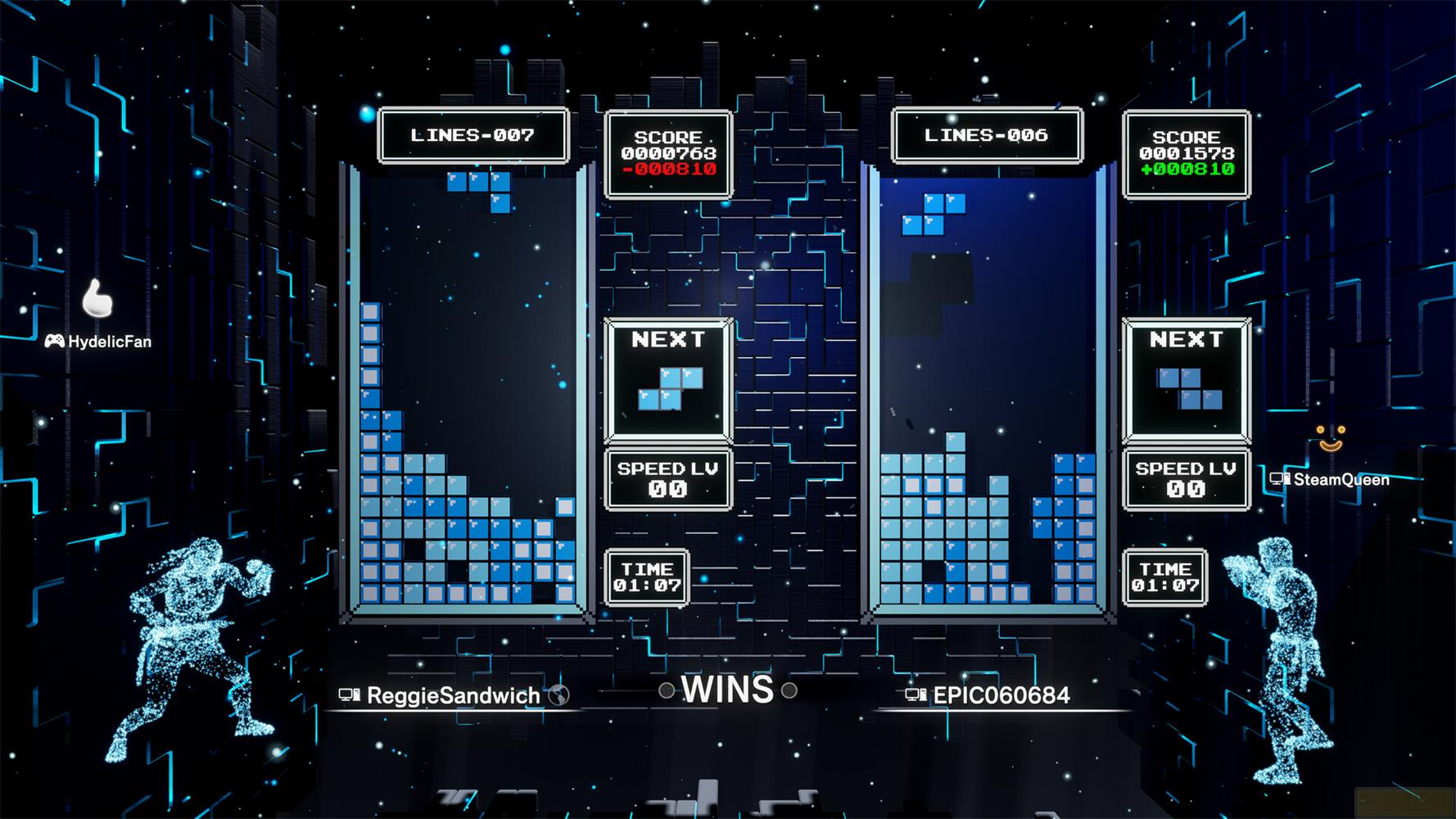 Zwei Spieler spielen Tetris auf einem dunklen, futuristischen Bildschirm.