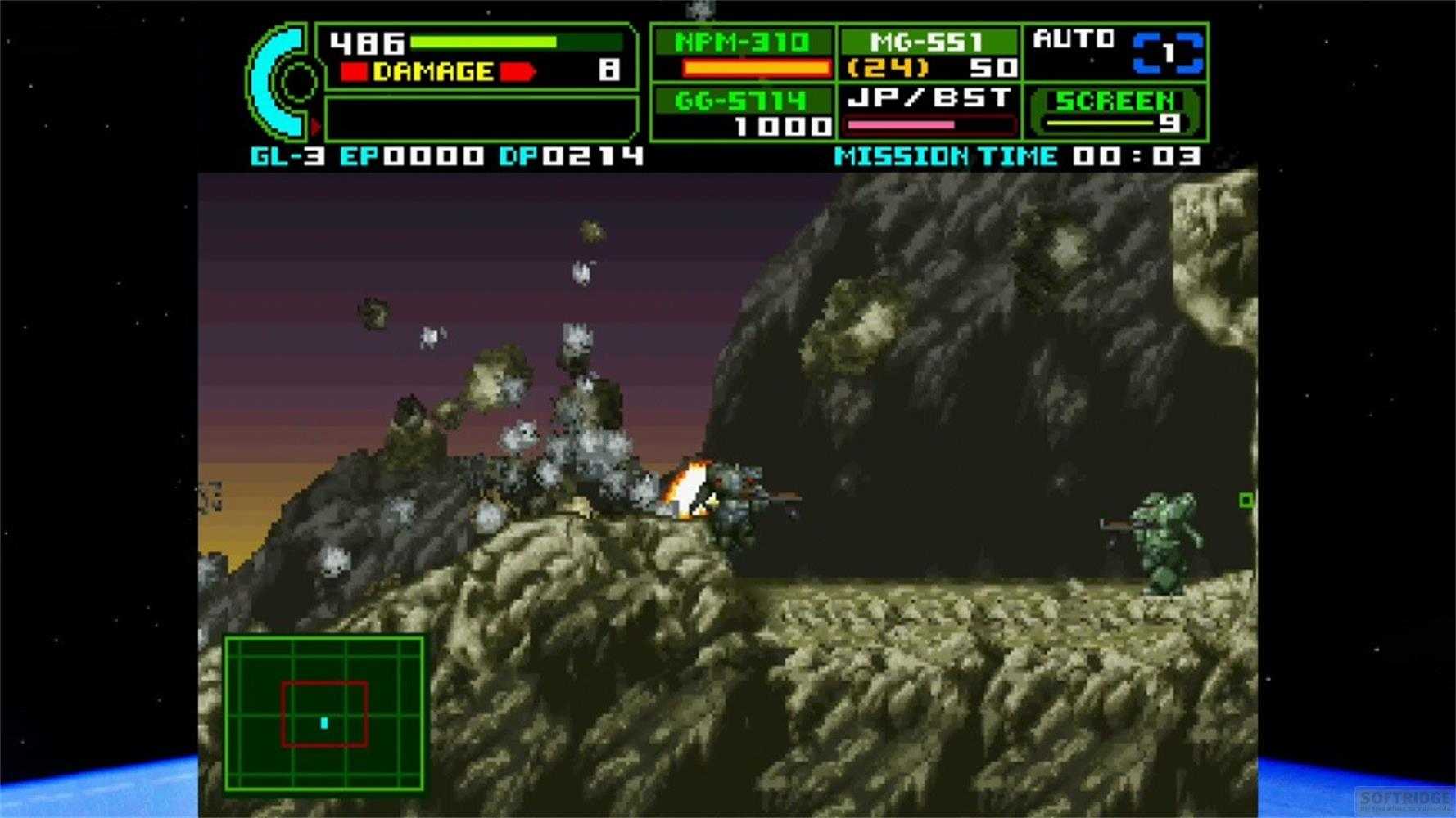 Écran de jeu pixélisé : un robot de combat tire sur un terrain rocheux avec des explosions.