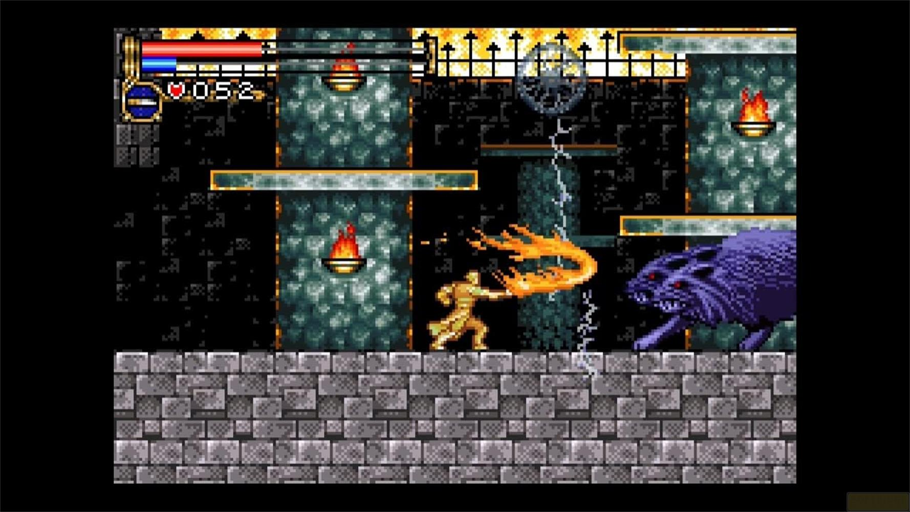 Un guerrier lance une boule de feu sur un monstre violet dans un château sombre.