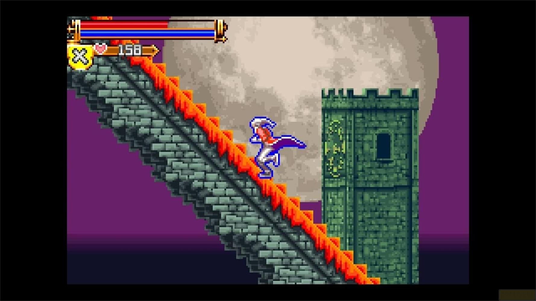 Un personnage monte un escalier de pierre, avec une tour et la lune en arrière-plan.