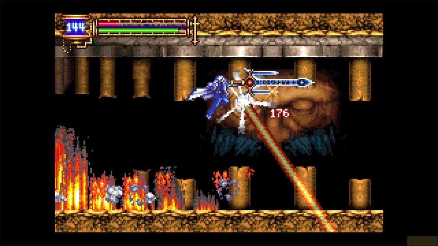 Un personnage bleu manie une épée combattant des ennemis, entouré de feu et de piliers.
