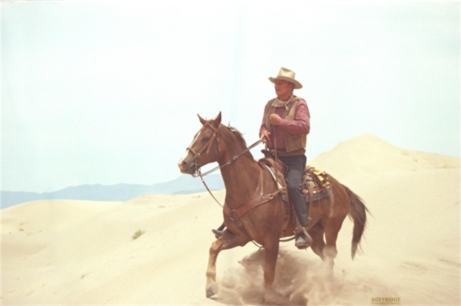 Ein Mann in Cowboykleidung reitet auf einem braunen Pferd durch sandige Dünen.