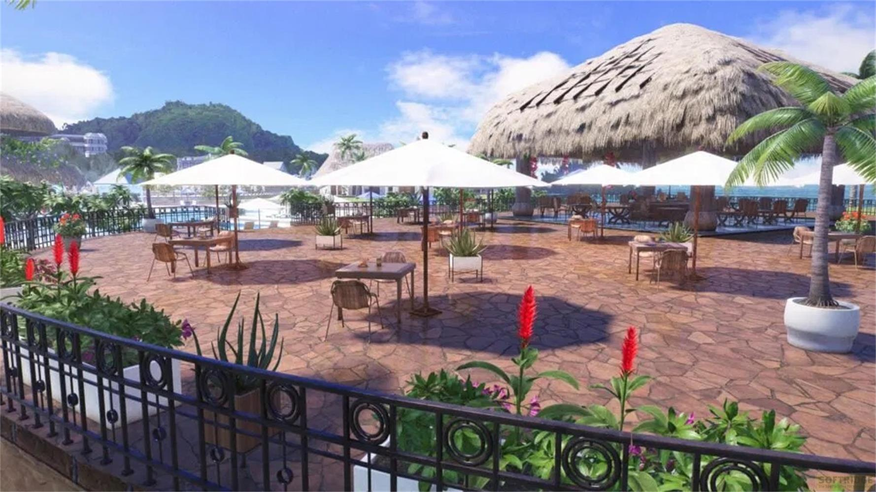Terrazza tropicale con tavoli, sedie, ombrelloni e palme sul mare.
