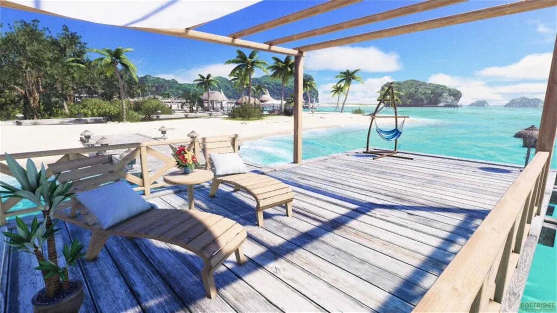 Terrazza in legno sulla spiaggia con lettini, amaca, palme e acqua turchese.