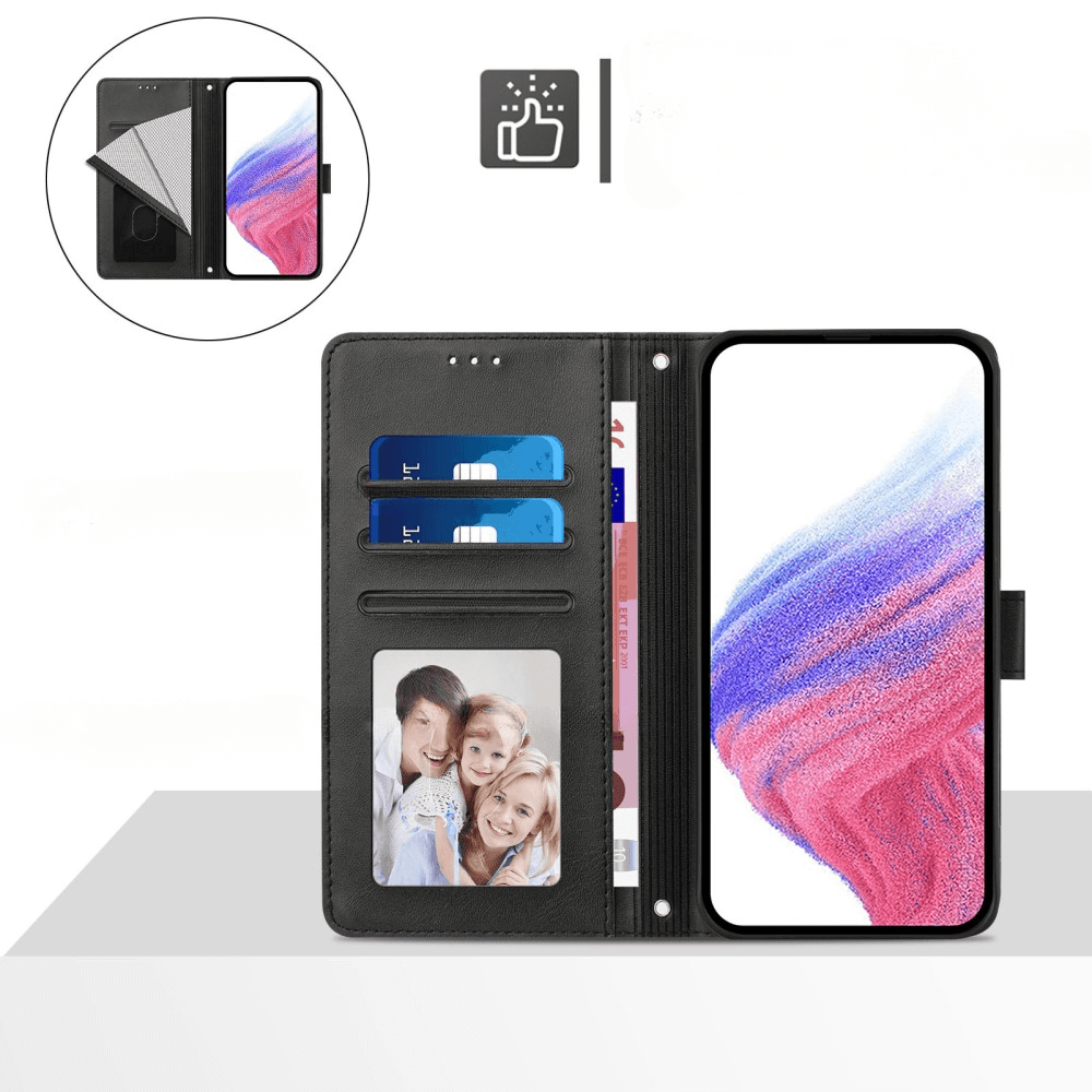 Custodia a libro nera per telefono con slot per schede, foto e display.