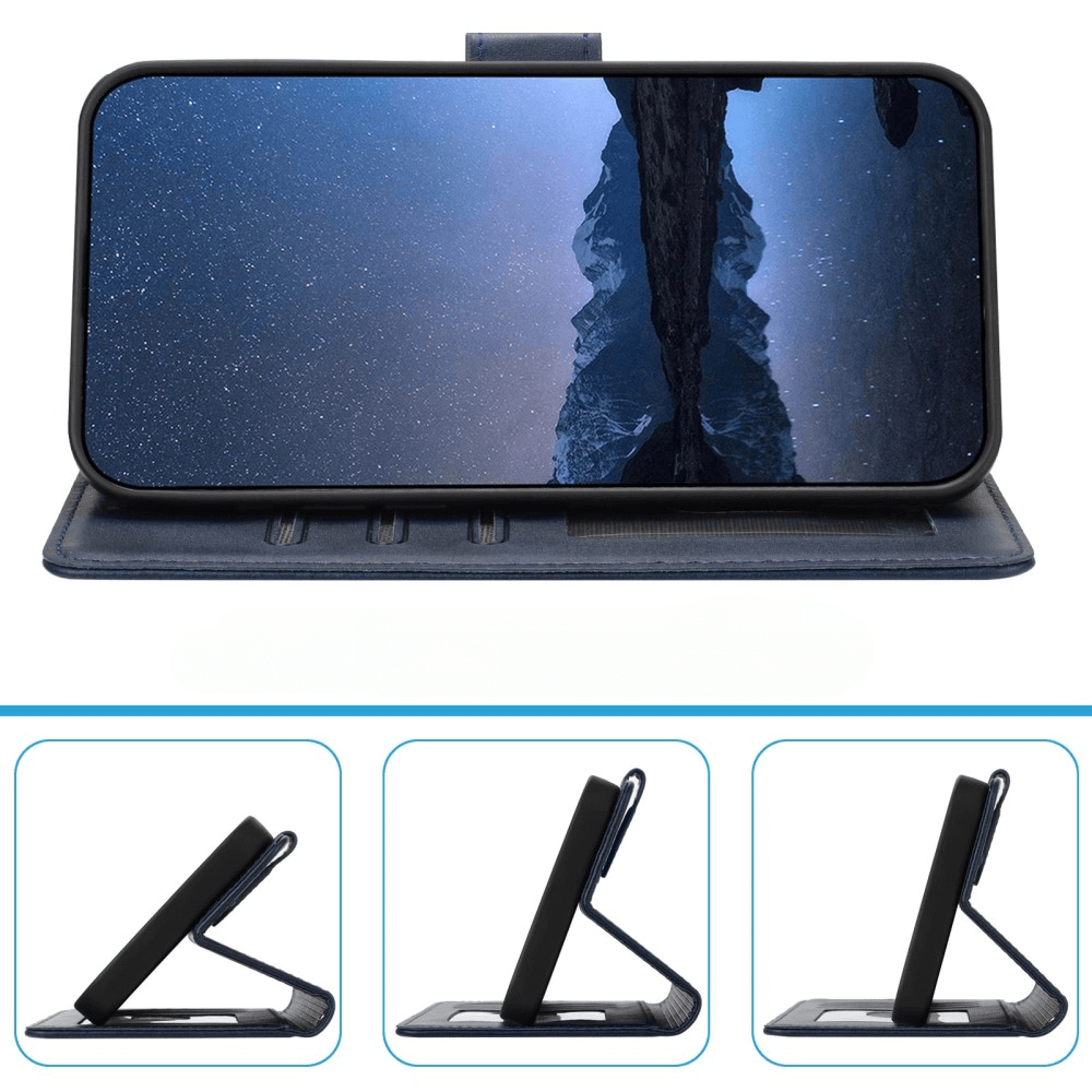 Custodia a libro blu con telefono che mostra un cielo stellato.