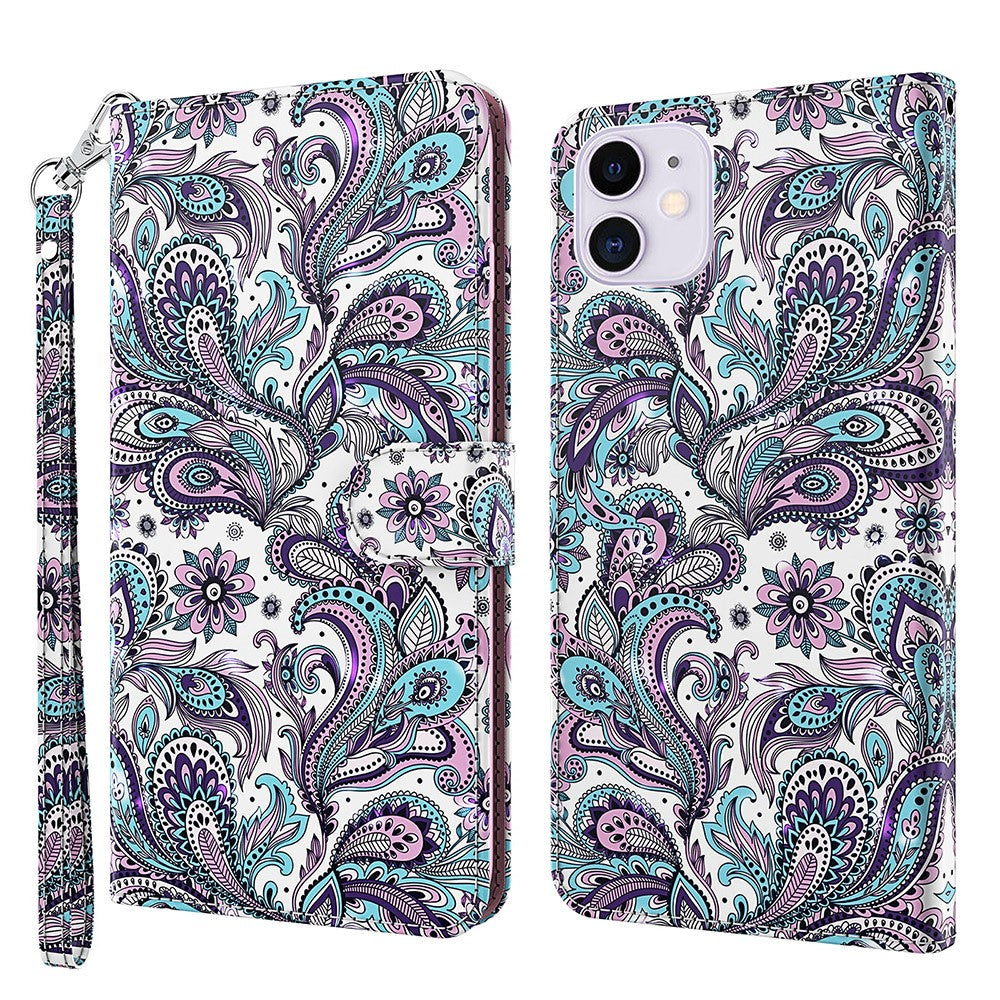 Una custodia per telefono aperta con fantasia cachemire viola, blu e rosa.