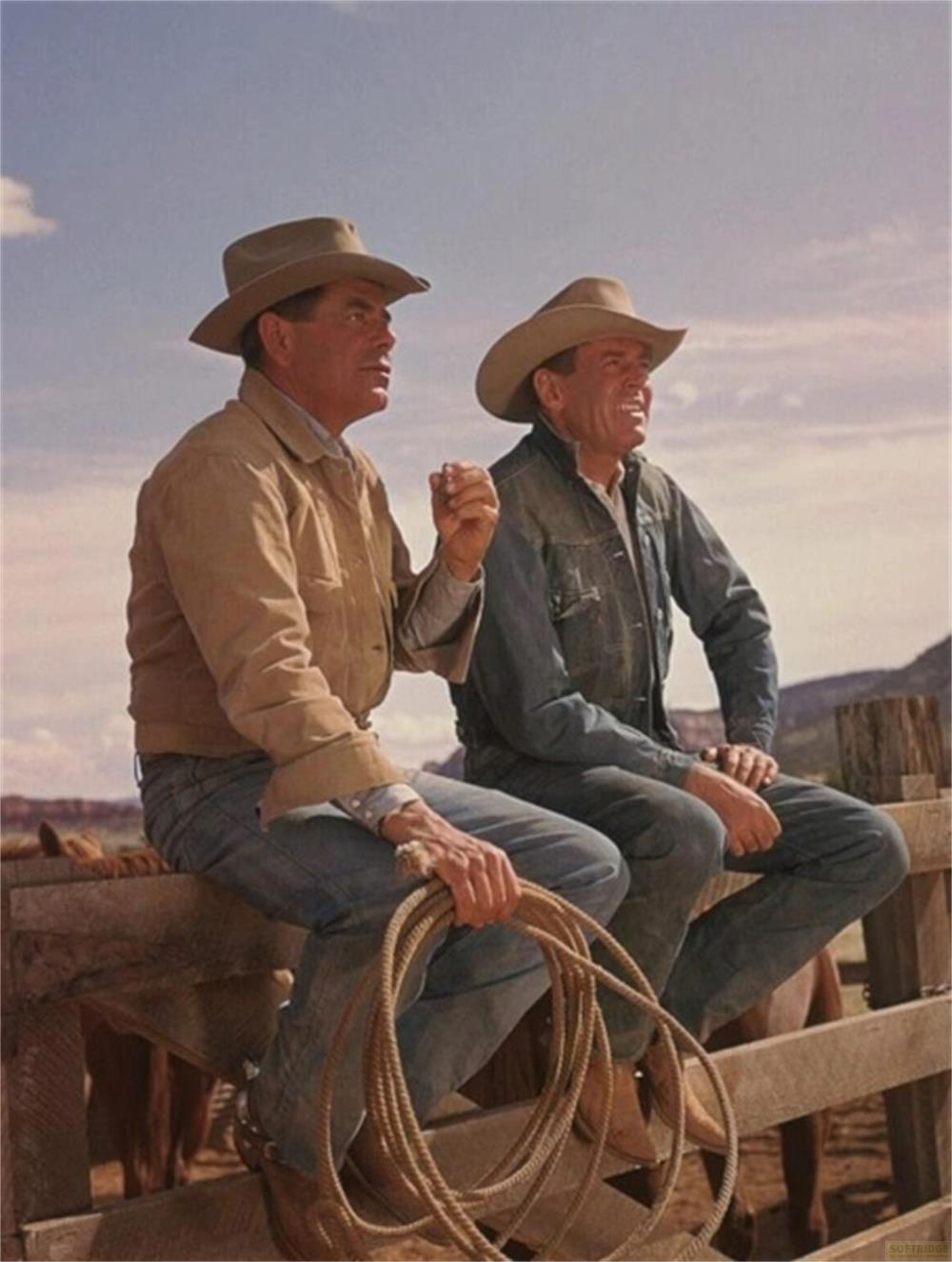 Due cowboy con cappelli siedono su una staccionata. Uno tiene una corda.
