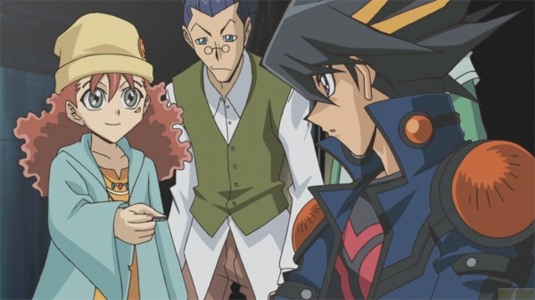Drei Anime-Charaktere: ein Mädchen mit rotem Haar, ein Mann mit Brille und ein Mann mit dunklem Haar.