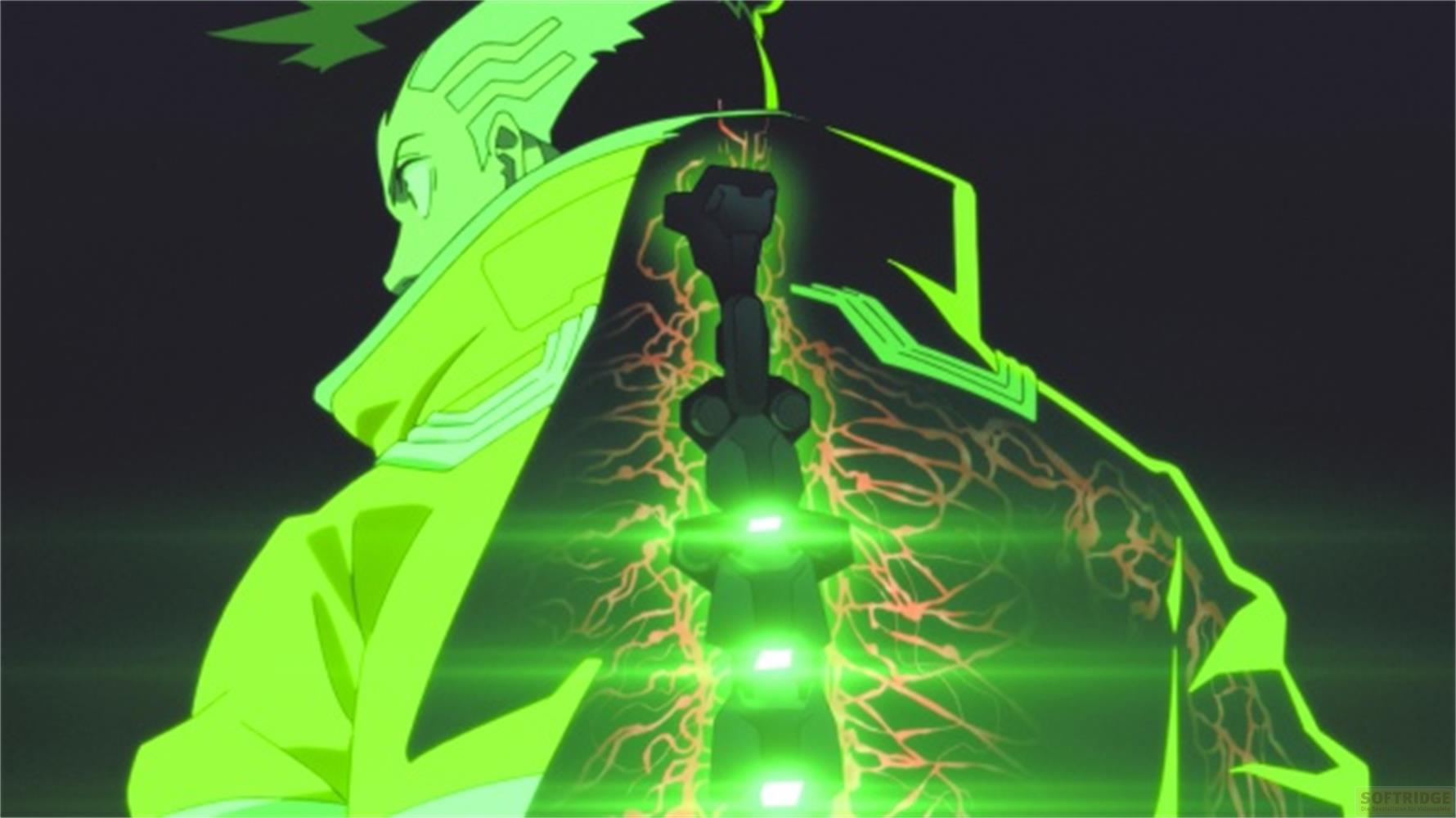 Anime-Charakter mit leuchtend grüner Kleidung und einem Schwert auf dem Rücken.
