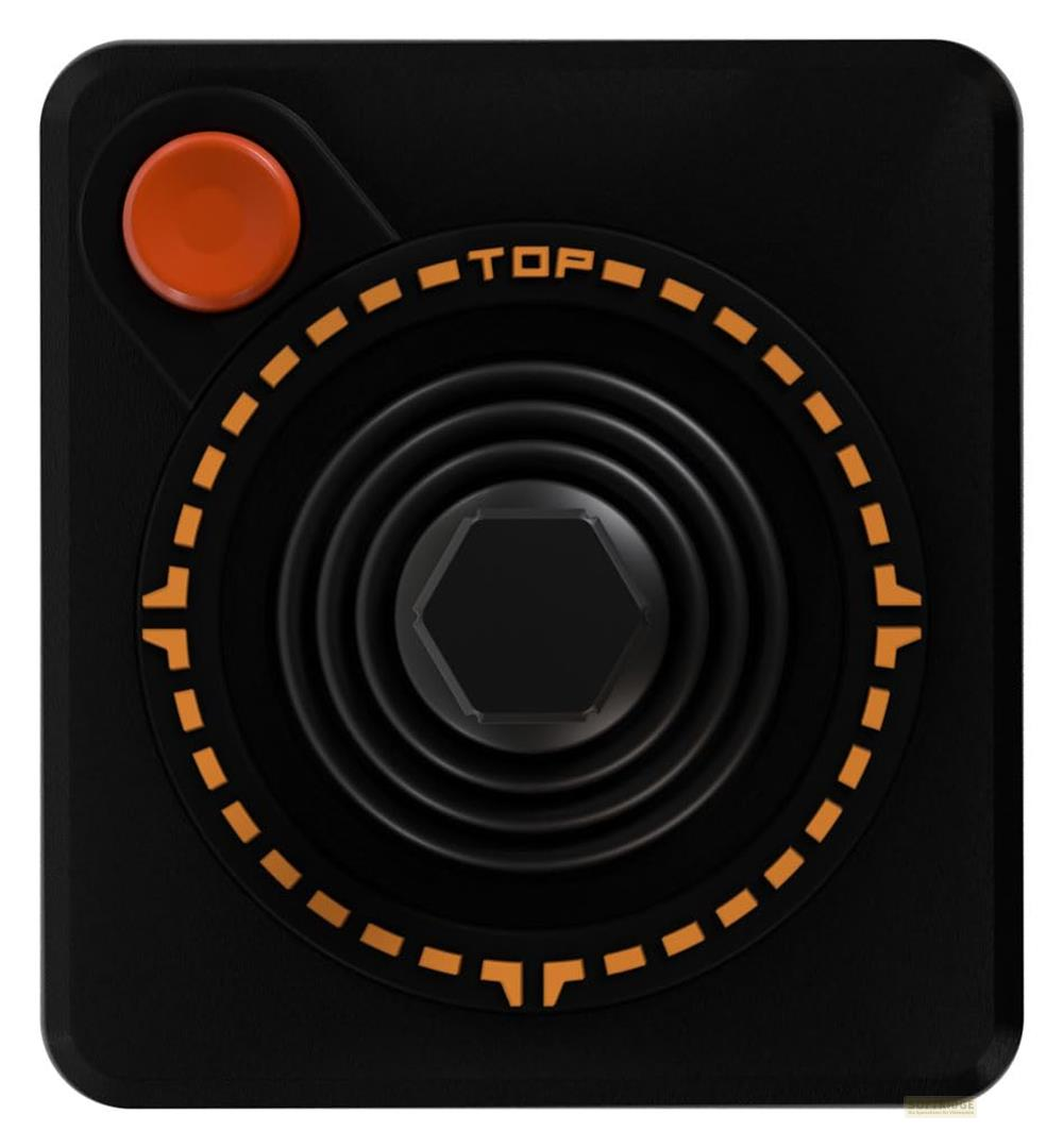 Czarny joystick z pomarańczowym przyciskiem i oznaczeniami pierścienia.