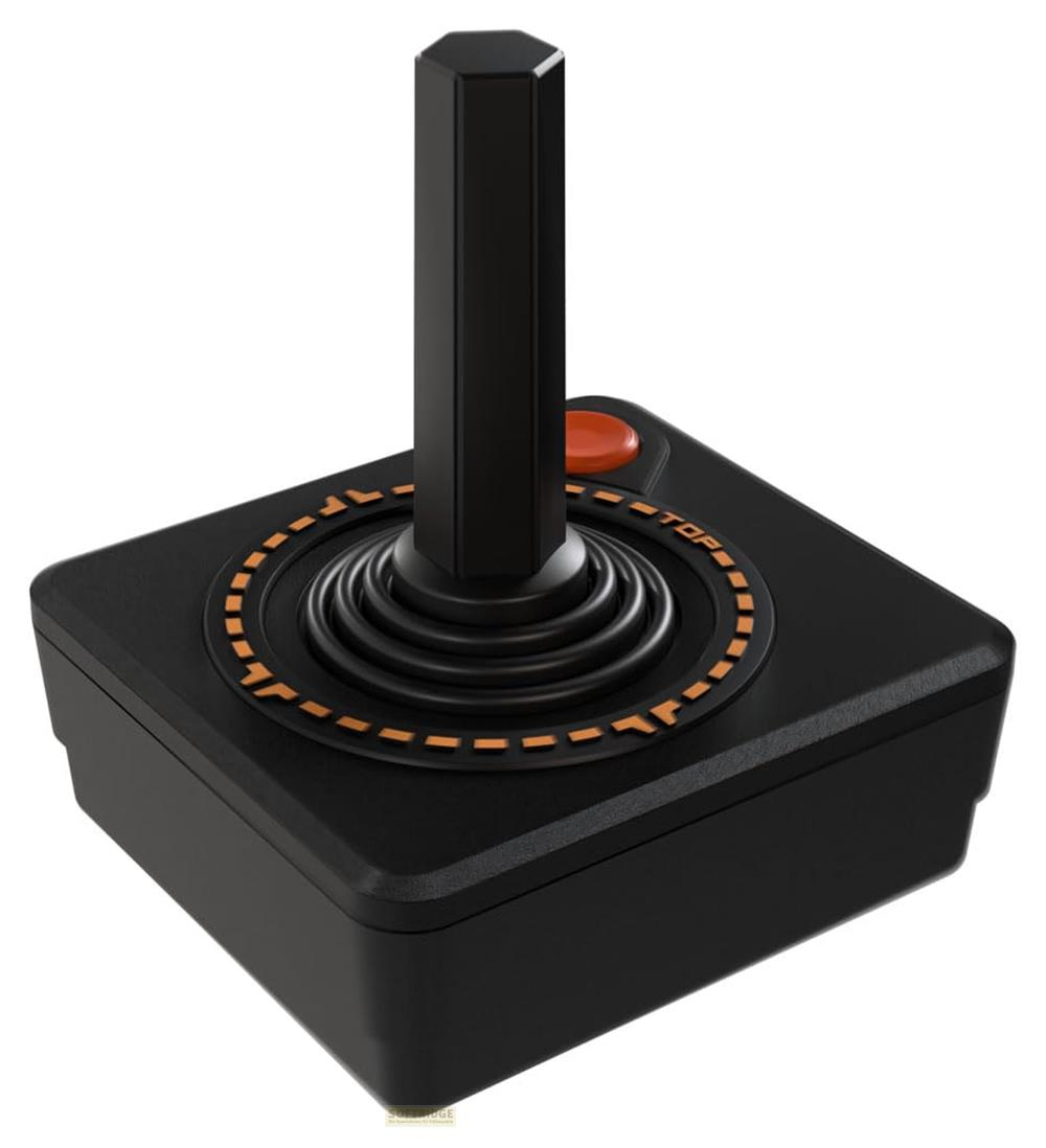 Czarny joystick z pomarańczowym przyciskiem i sześciokątnym czarnym drążkiem.