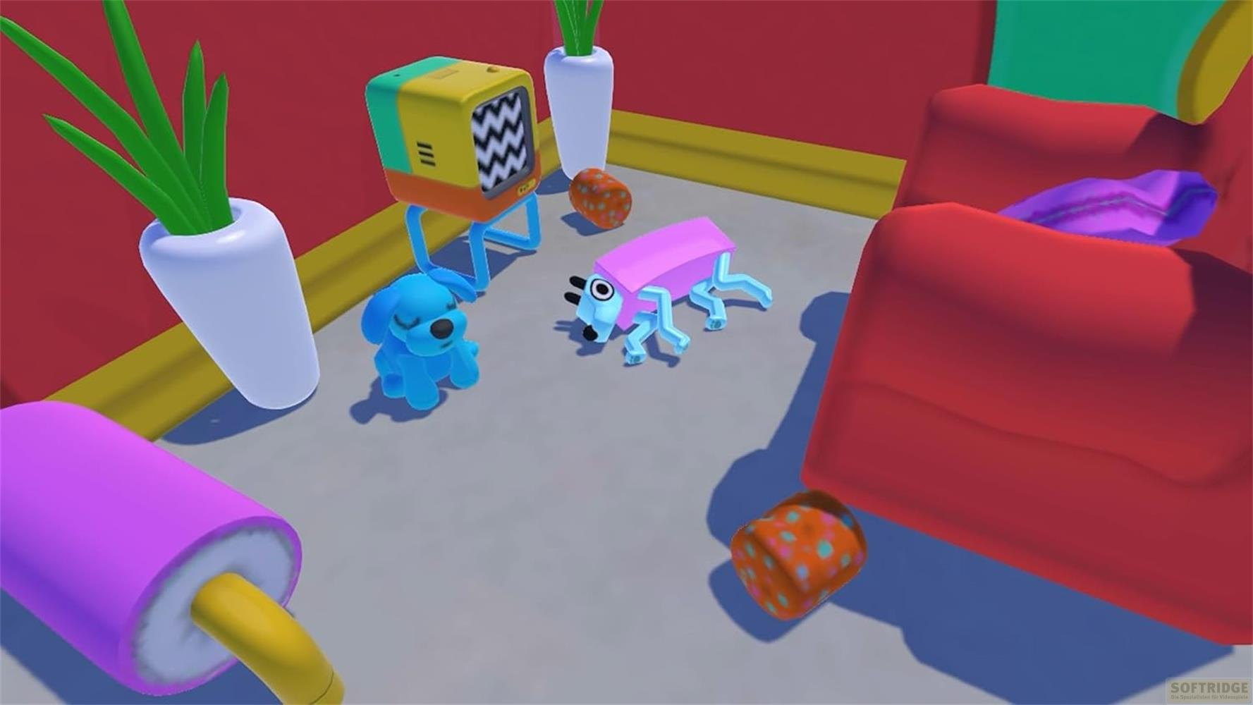 Un chien bleu, un insecte rose et une télévision sur un sol gris.