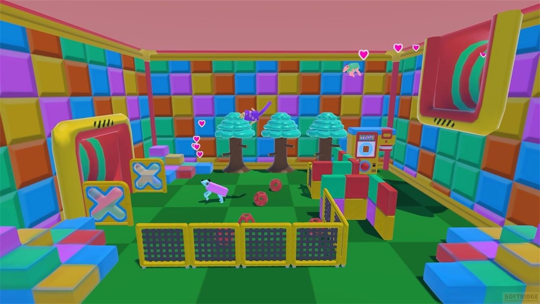 Un terrain de jeu coloré avec des arbres, un chien, des balles et des obstacles.