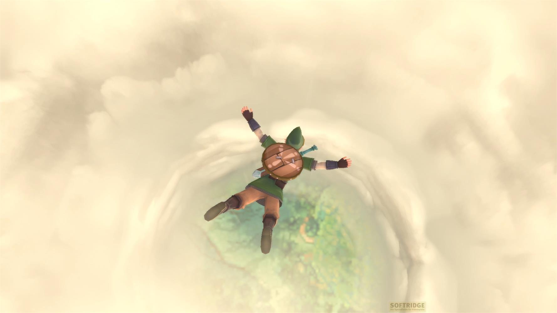 Link cade tra le nuvole verso un paesaggio verde, scudo sulla schiena.