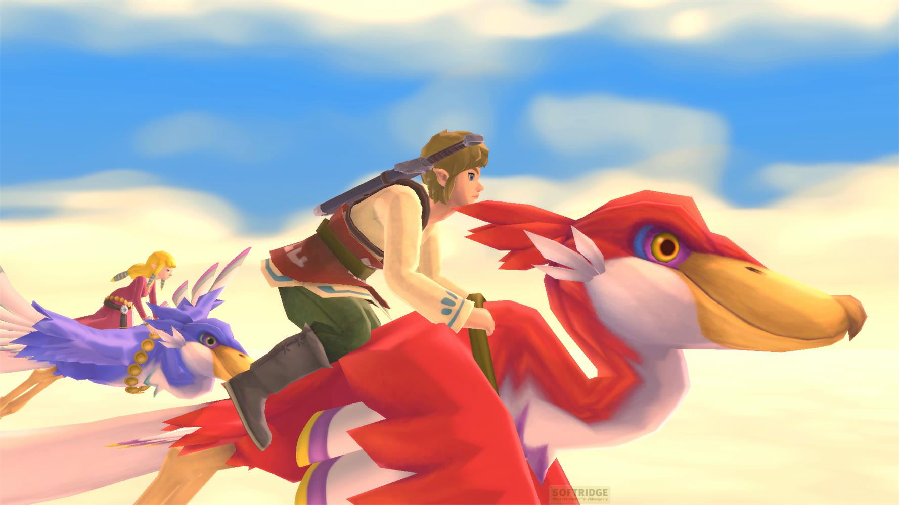 Link e Zelda cavalcano creature volanti nel cielo.