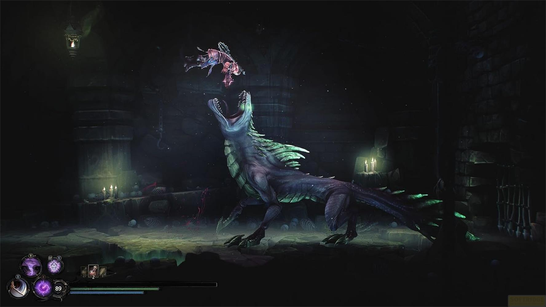 Ein lila Drache mit grünen Spitzen greift eine schwebende Figur in einer dunklen Kammer an.