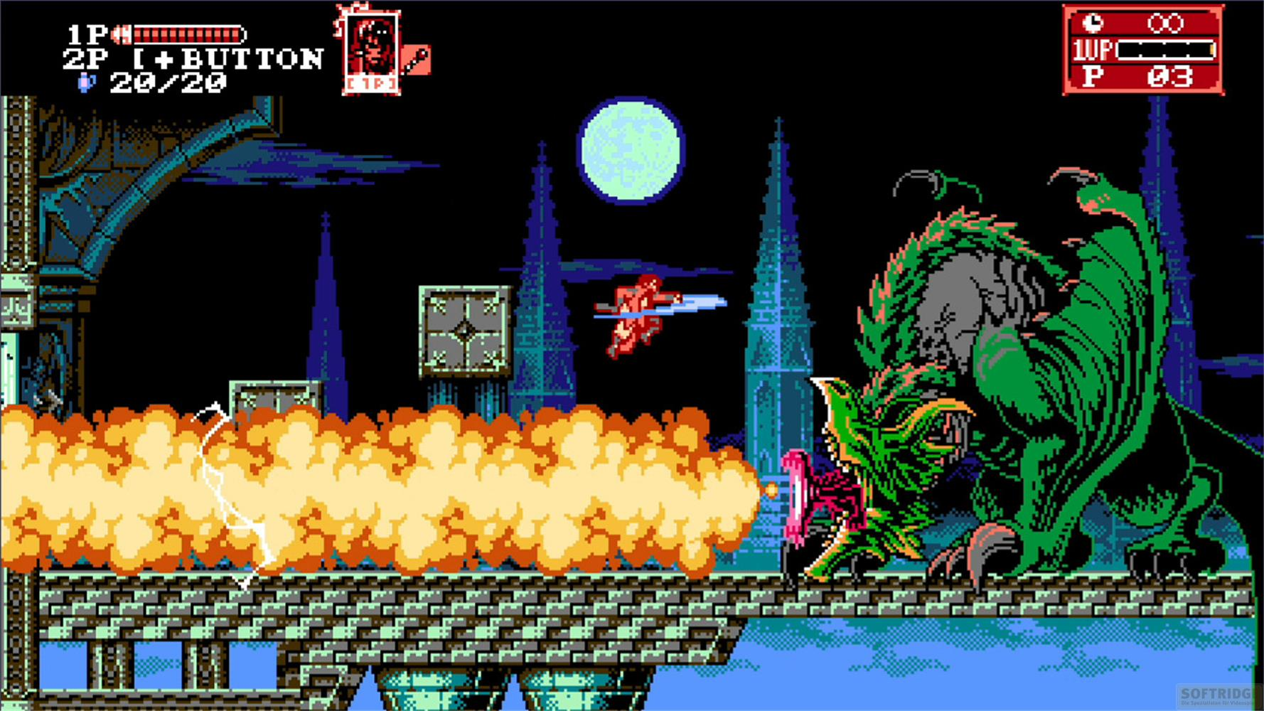 Un mostro verde spara fiamme a un cavaliere che cavalca un drago.