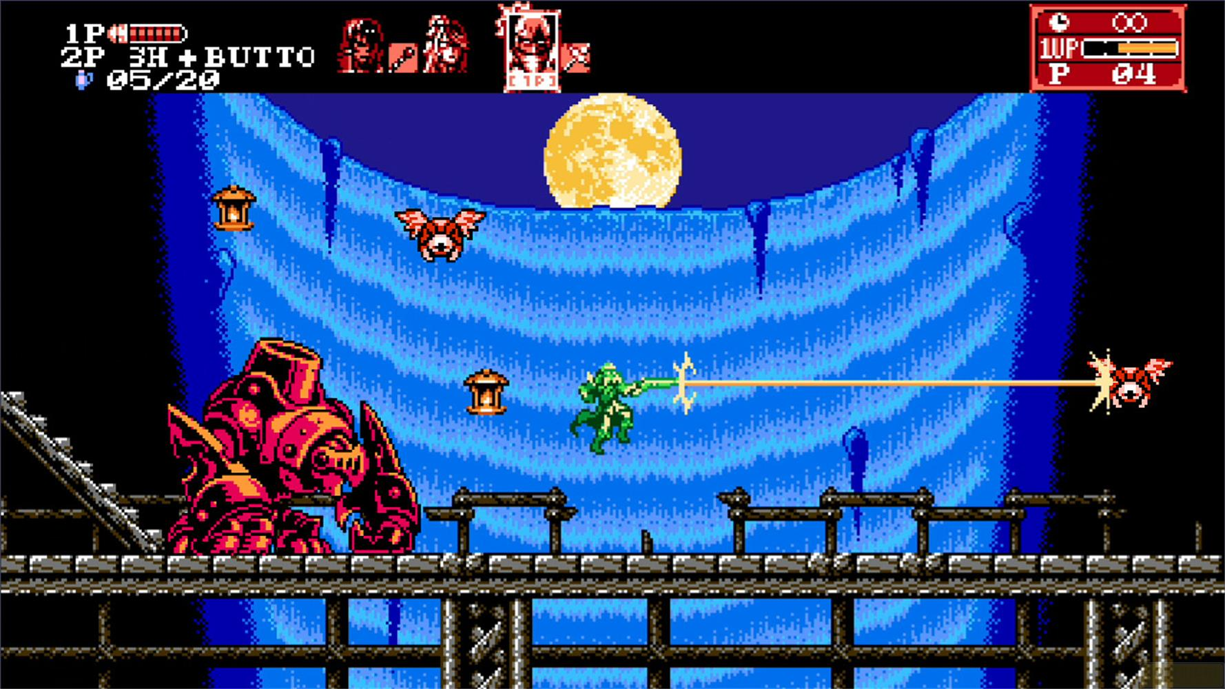 Un personaggio verde spara un raggio a un robot rosso. Luna e pipistrelli sullo sfondo.