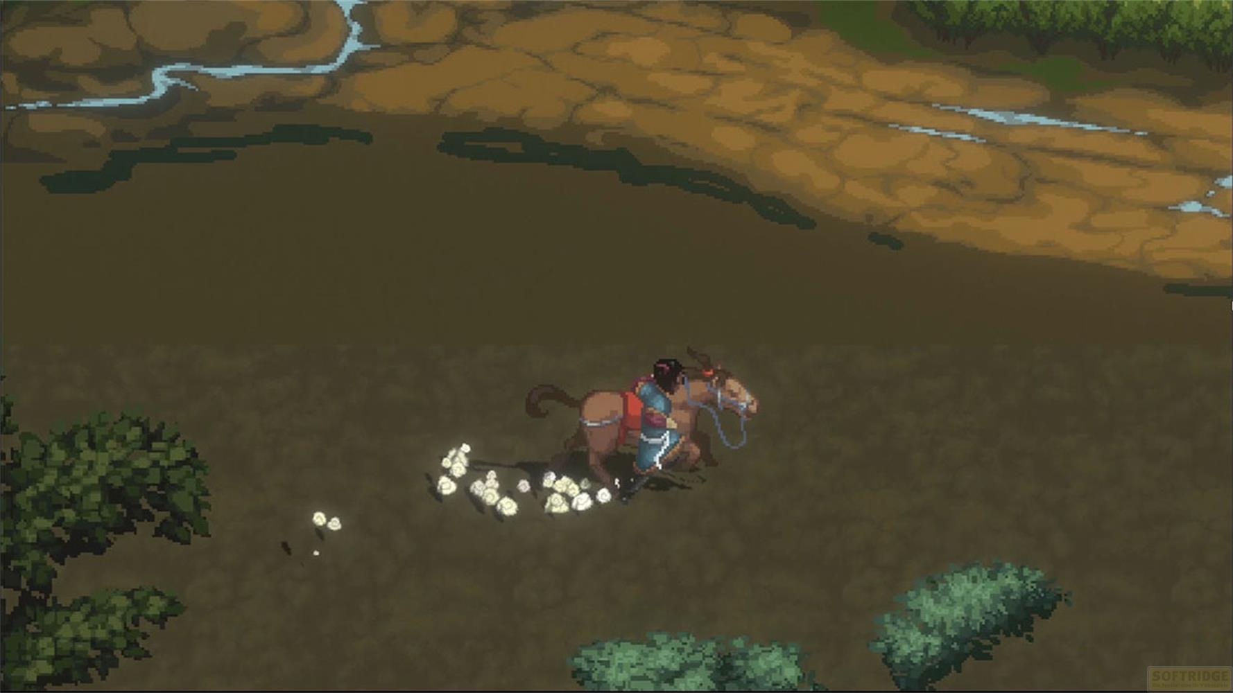 Une personne monte un cheval brun à travers un paysage boueux avec des arbres.
