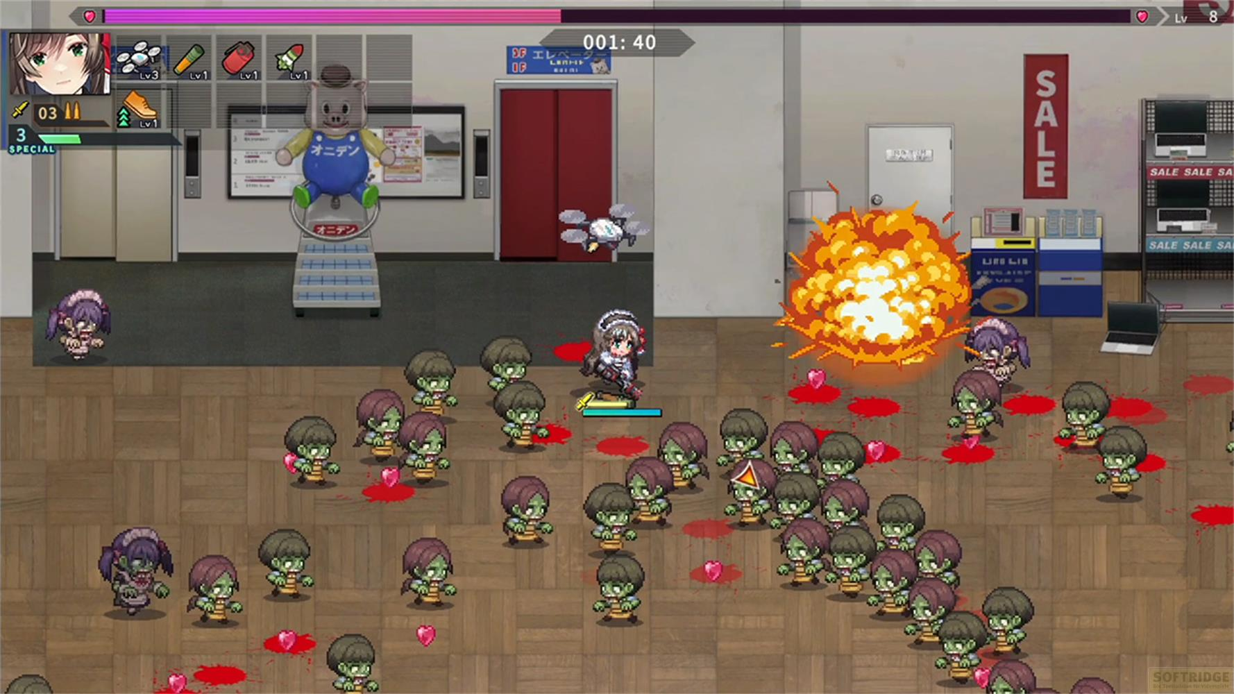 Un personnage de jeu combat des zombies dans une pièce avec une explosion.