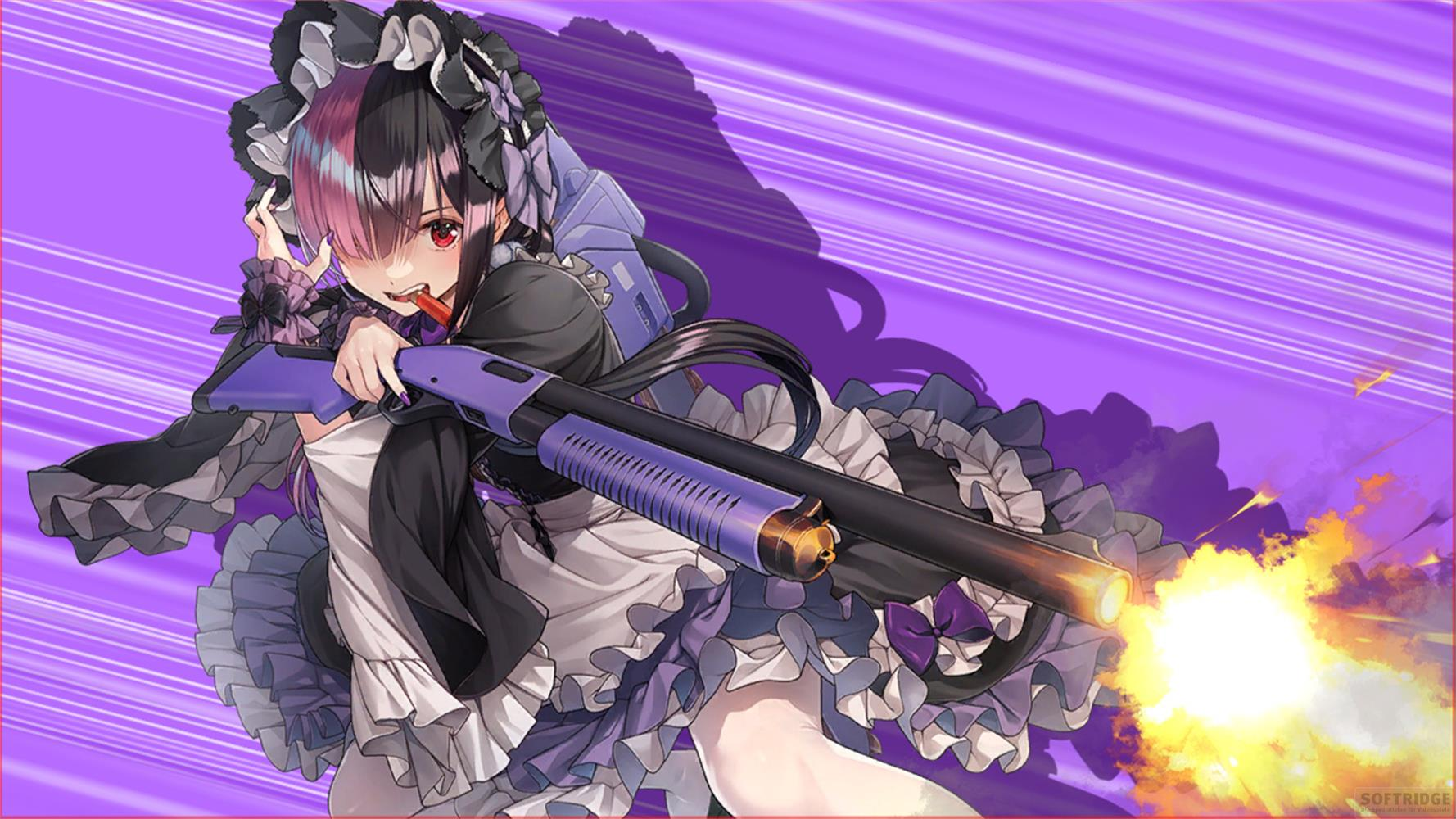Fille d'anime en tenue de soubrette tire un fusil à pompe violet, fond violet vif.