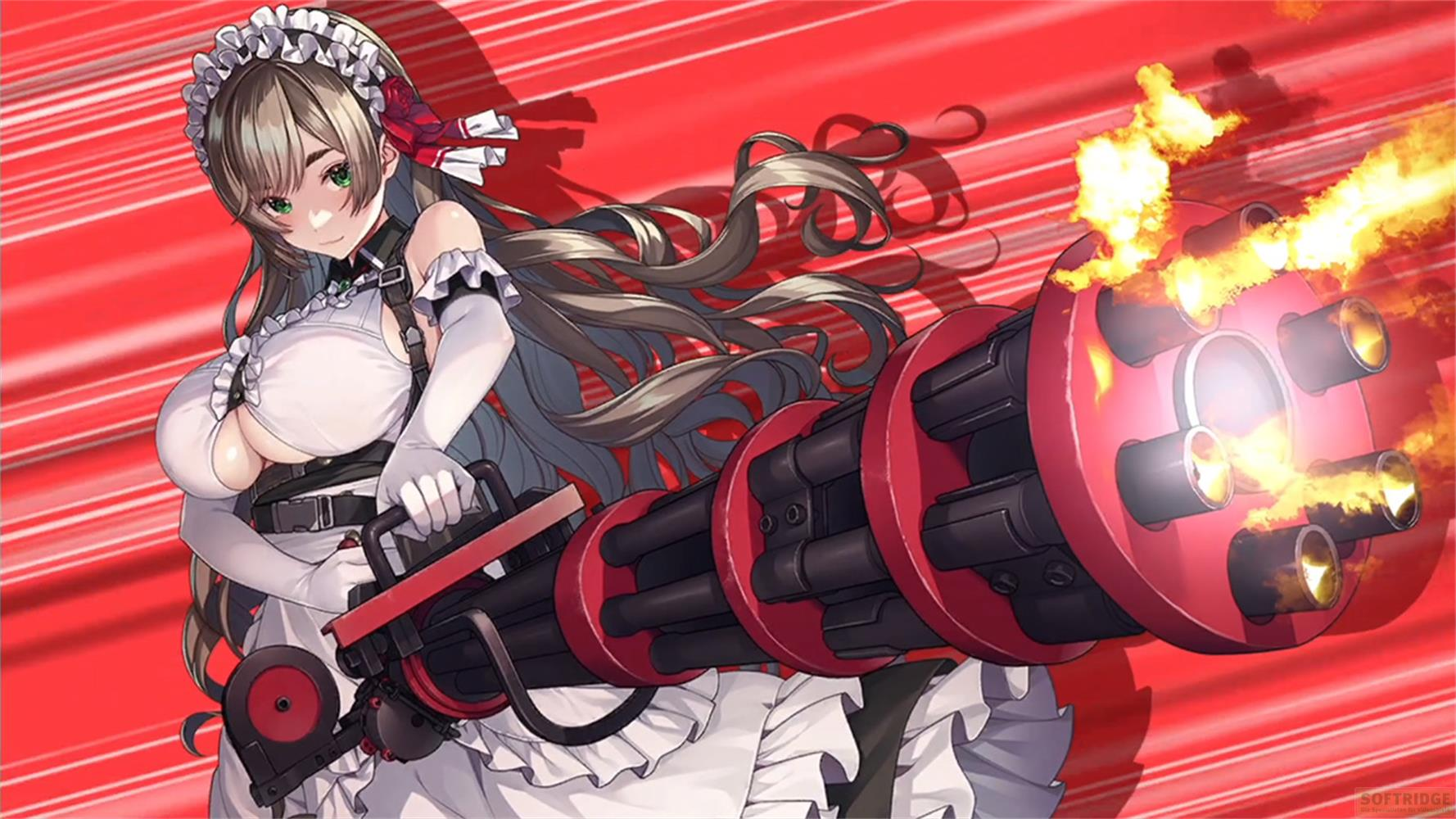 Servante d'anime tire un fusil Gatling avec flammes et fumée.
