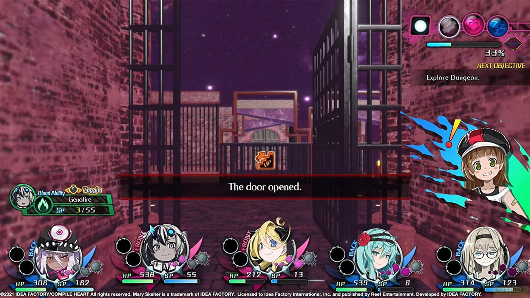 I giocatori esplorano un dungeon. Una porta si apre, rivelando personaggi.