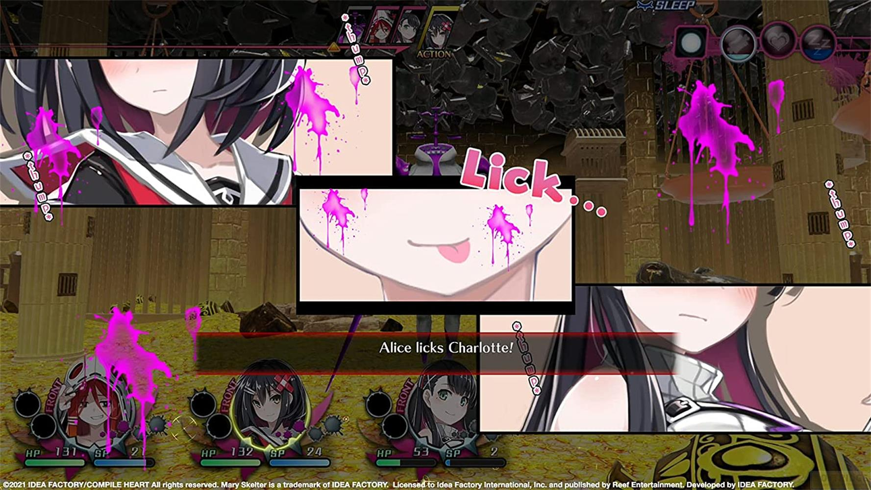 Personaggi anime in un gioco di combattimento con schizzi rosa e caselle di testo.