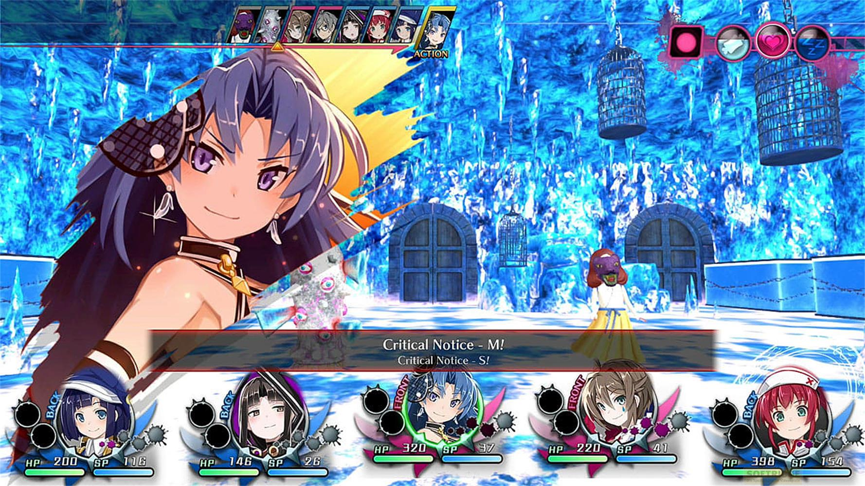 Personaggi anime in un ambiente ghiacciato con elementi UI di gioco.