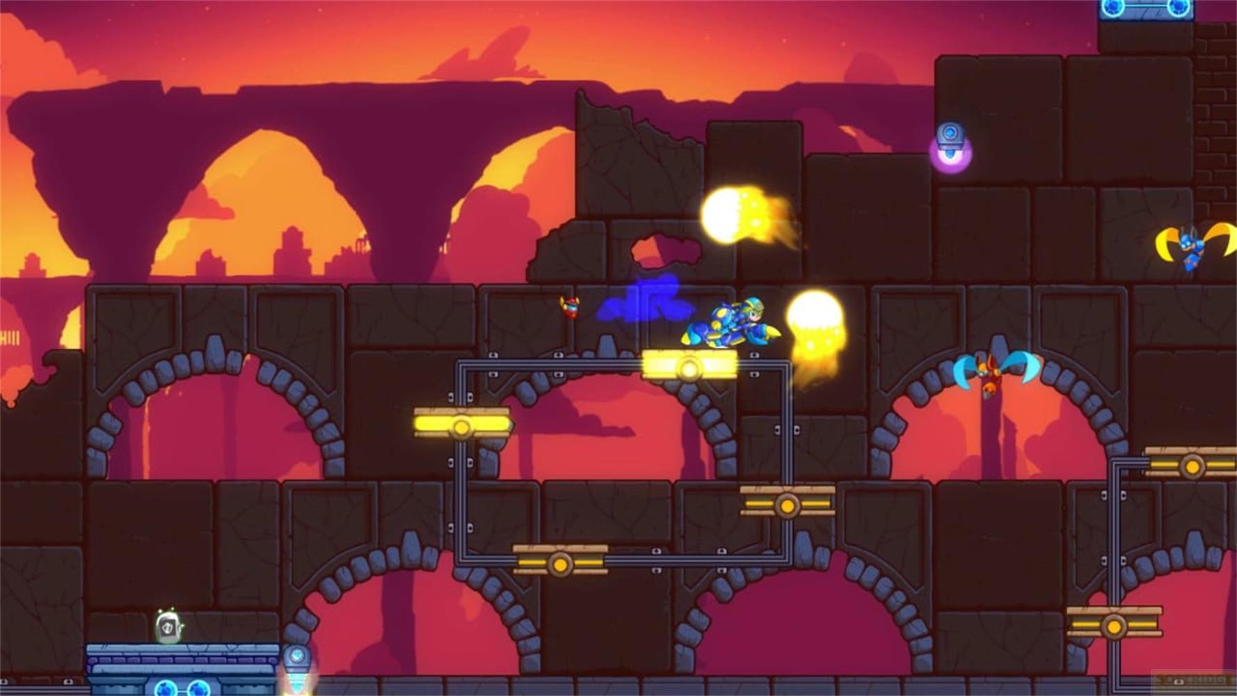 Personnages dans un jeu 2D avec des blocs sombres, des plateformes lumineuses et un ciel orange.