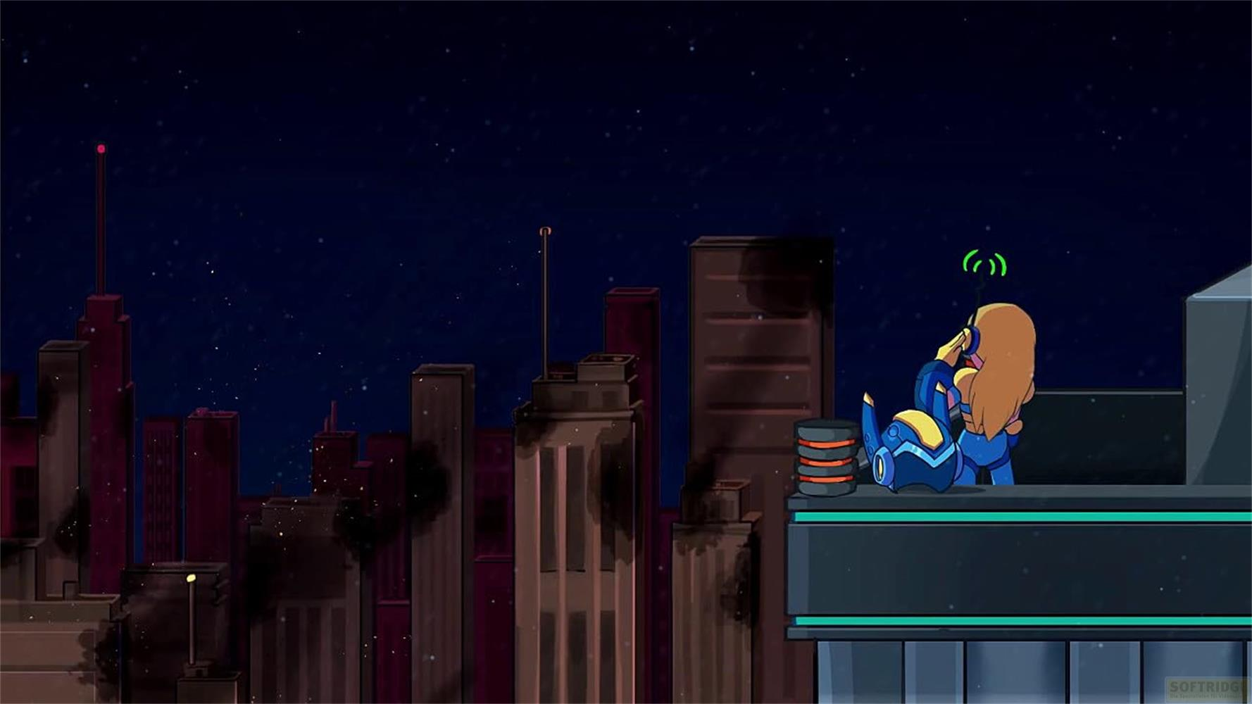 Un personnage en armure bleue est assis sur un toit surplombant une ville de nuit.