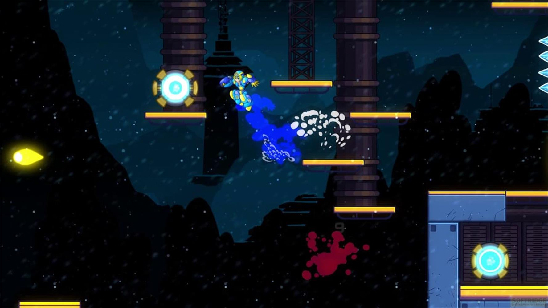 Un personnage bleu saute dans un paysage sombre et enneigé avec des plateformes.