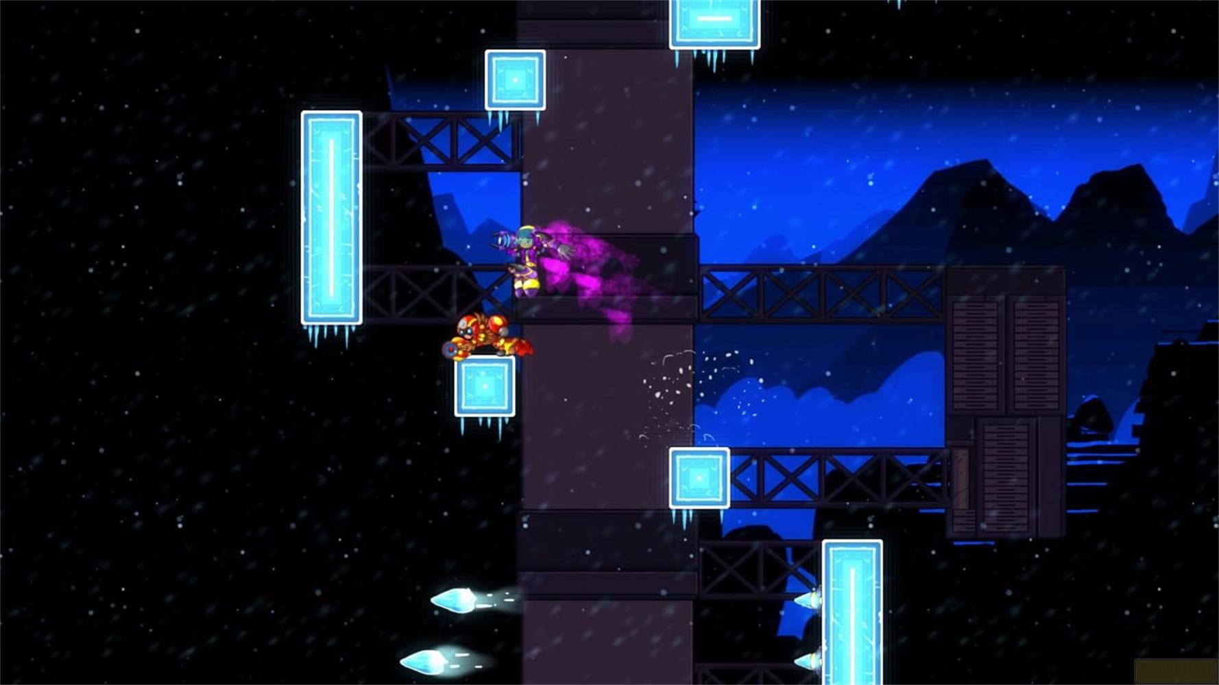 Un robot orange saute sur un bloc de glace bleu, un personnage violet s'envole vers la droite.