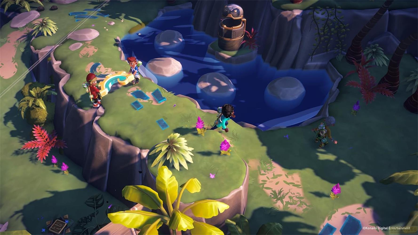 Tre personaggi in un mondo di gioco tropicale con acqua e piante.
