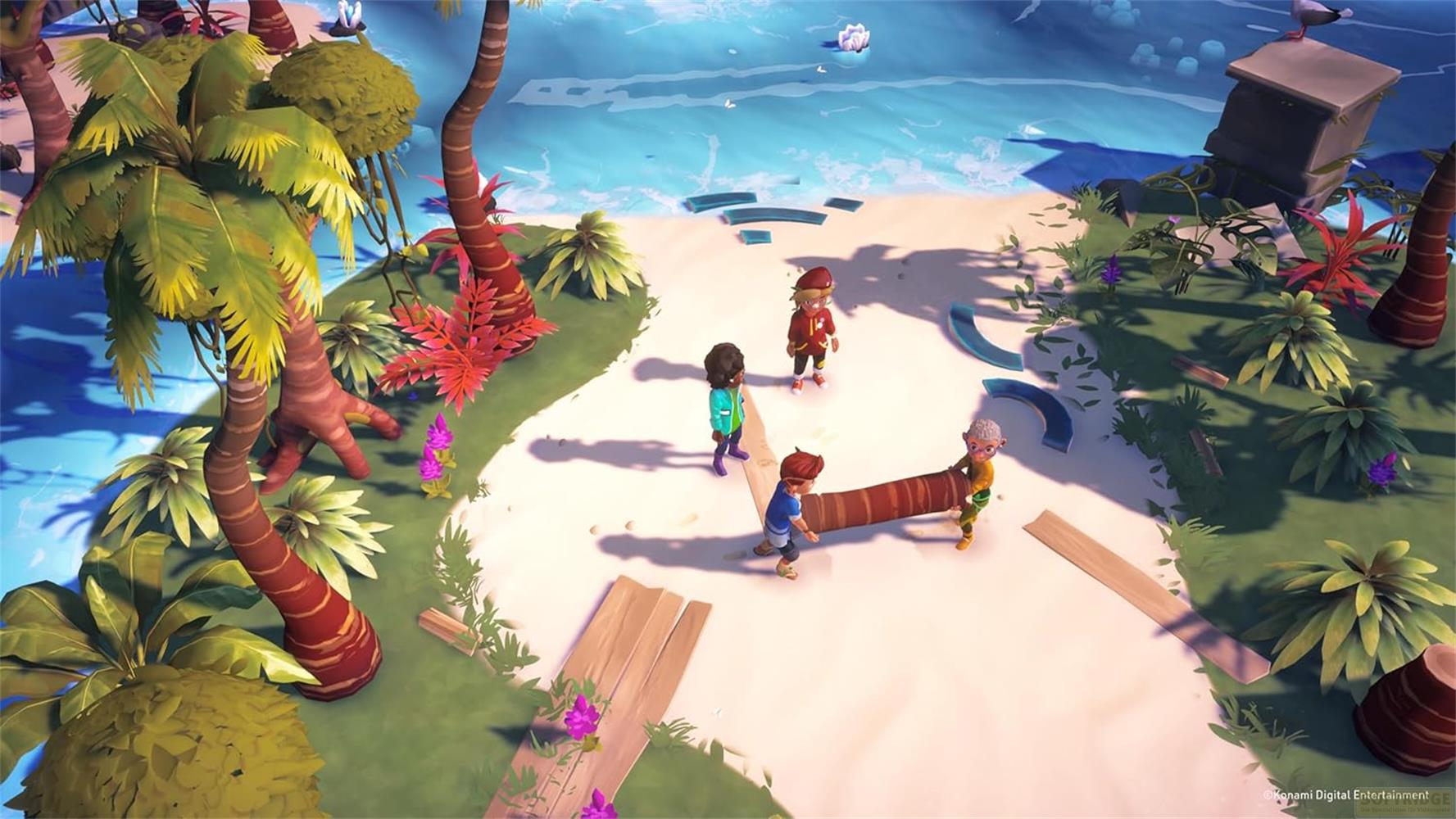 Quattro bambini su una spiaggia tropicale trasportano un tronco, con palme e il mare sullo sfondo.